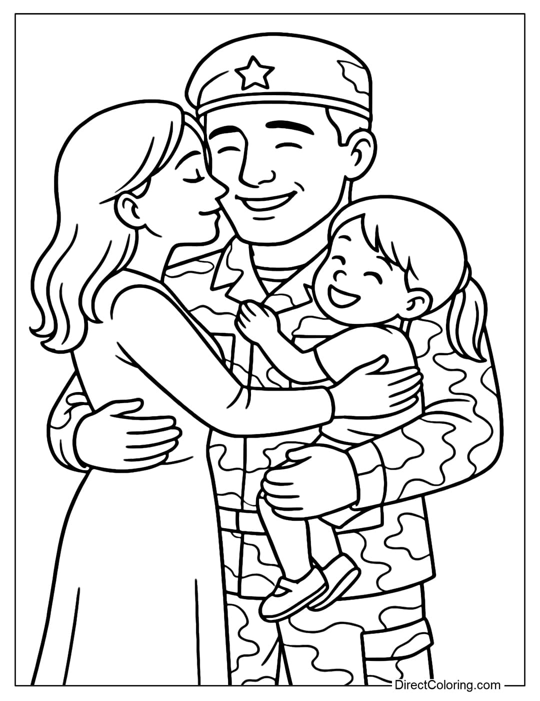 Coloring page of a soldier hugging his wife and children when returning.