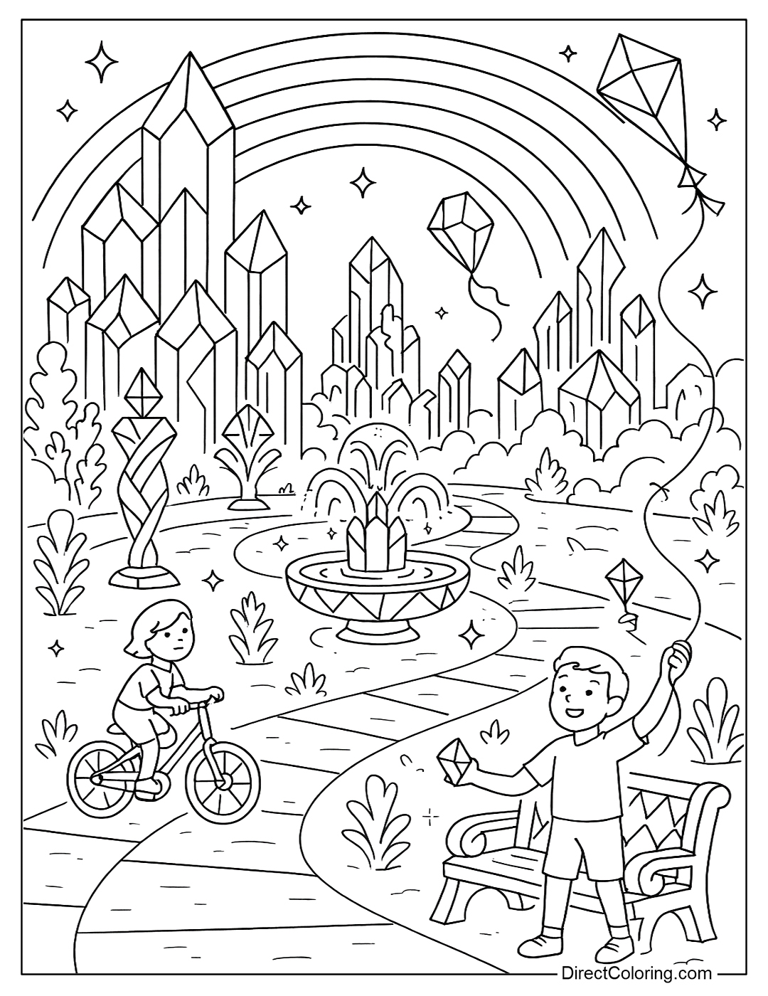 A city with sparkling crystal buildings, reflecting rainbows everywhere coloring for kids