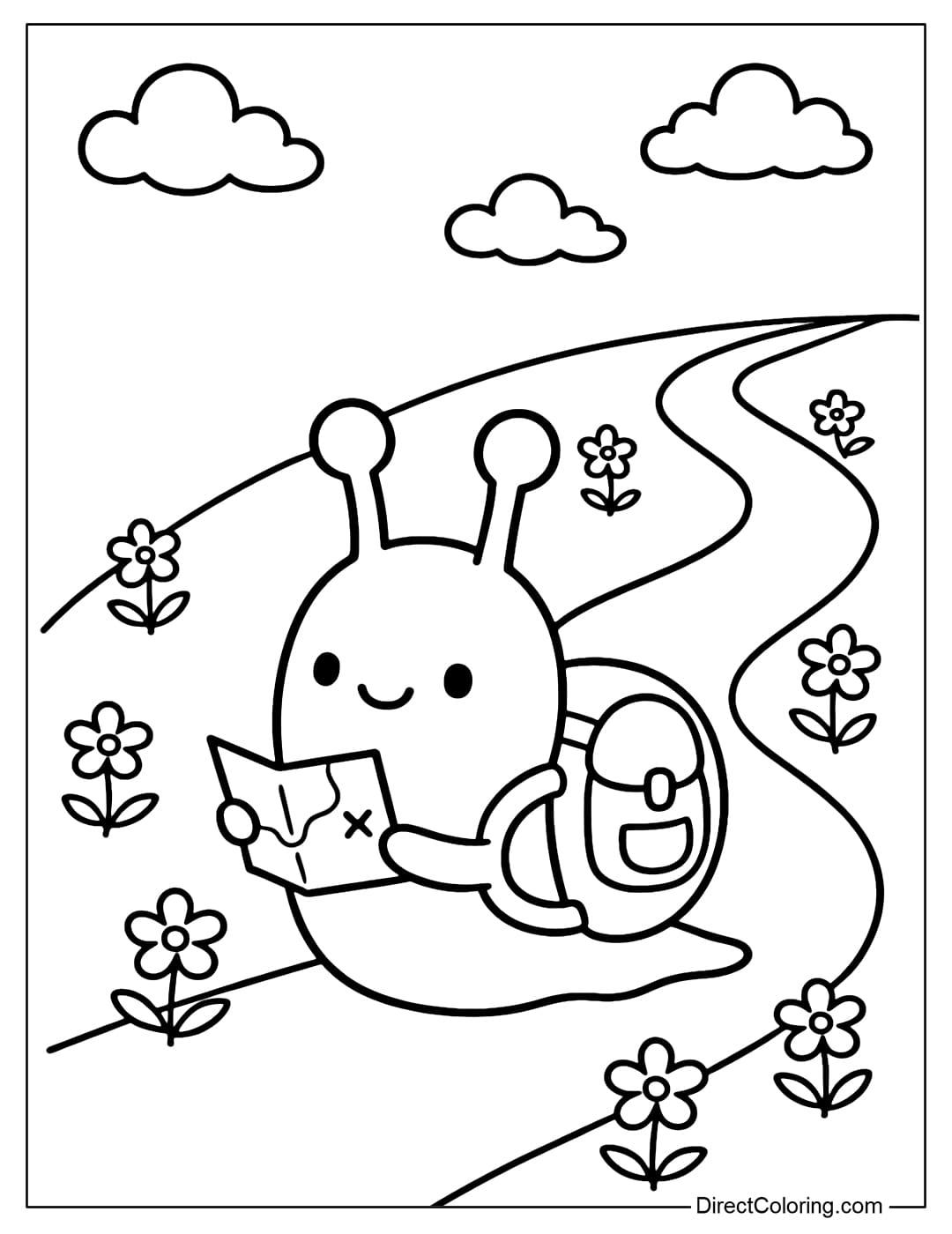 Coloring Page The snail is carrying a small backpack on its back, holding a tiny map, in the distance is a winding road full of flowers.