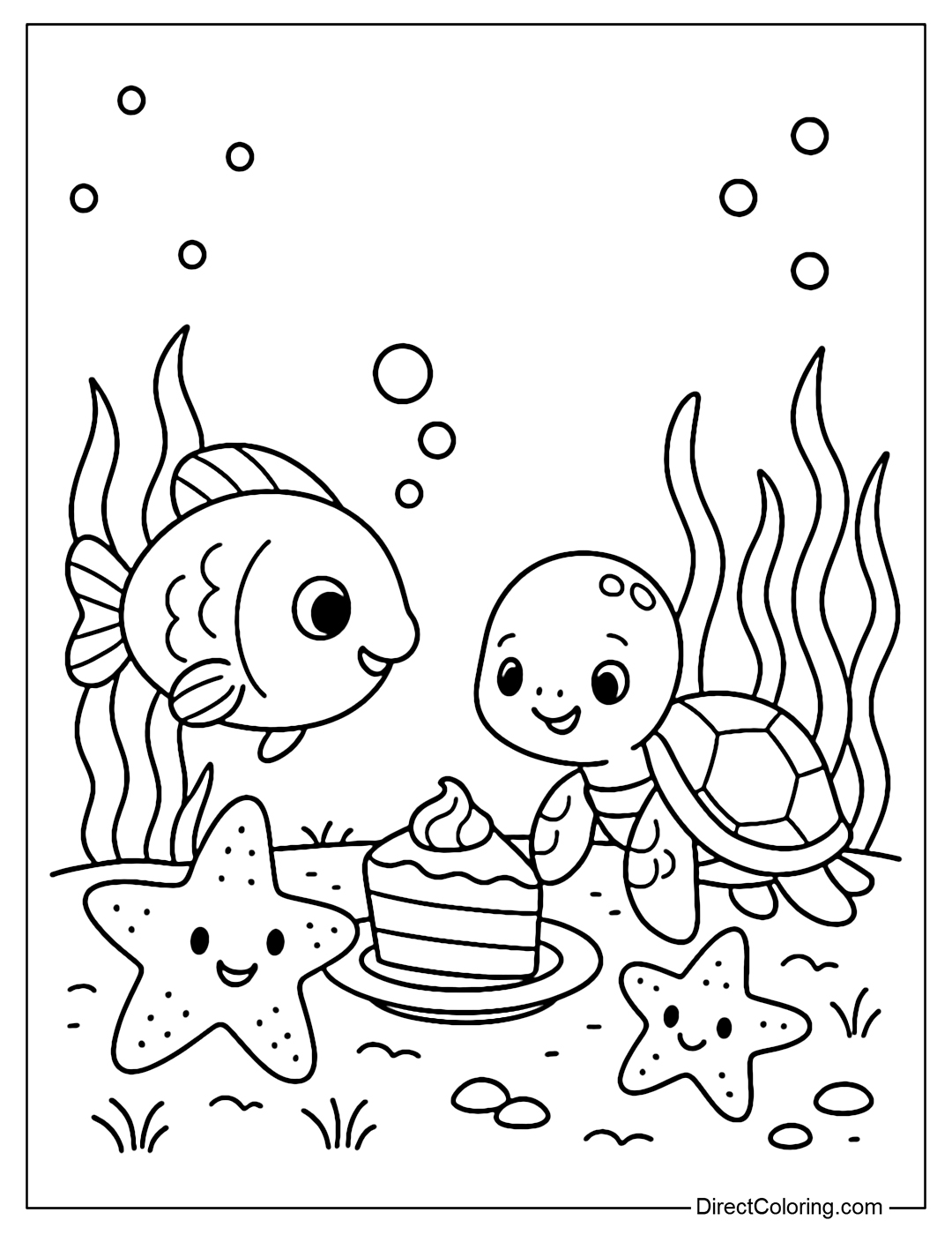 Coloring page of a small meal under the sea: fish, turtles and starfish eat cake together.