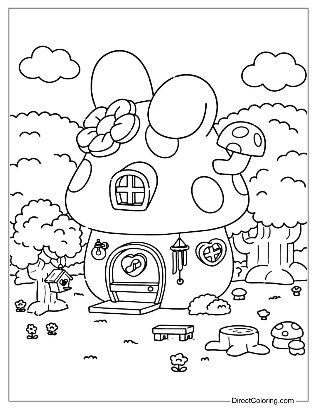 A coloring page of My Melody's cute mushroom cottage in the forest, surrounded by trees, birds, and little mushrooms.