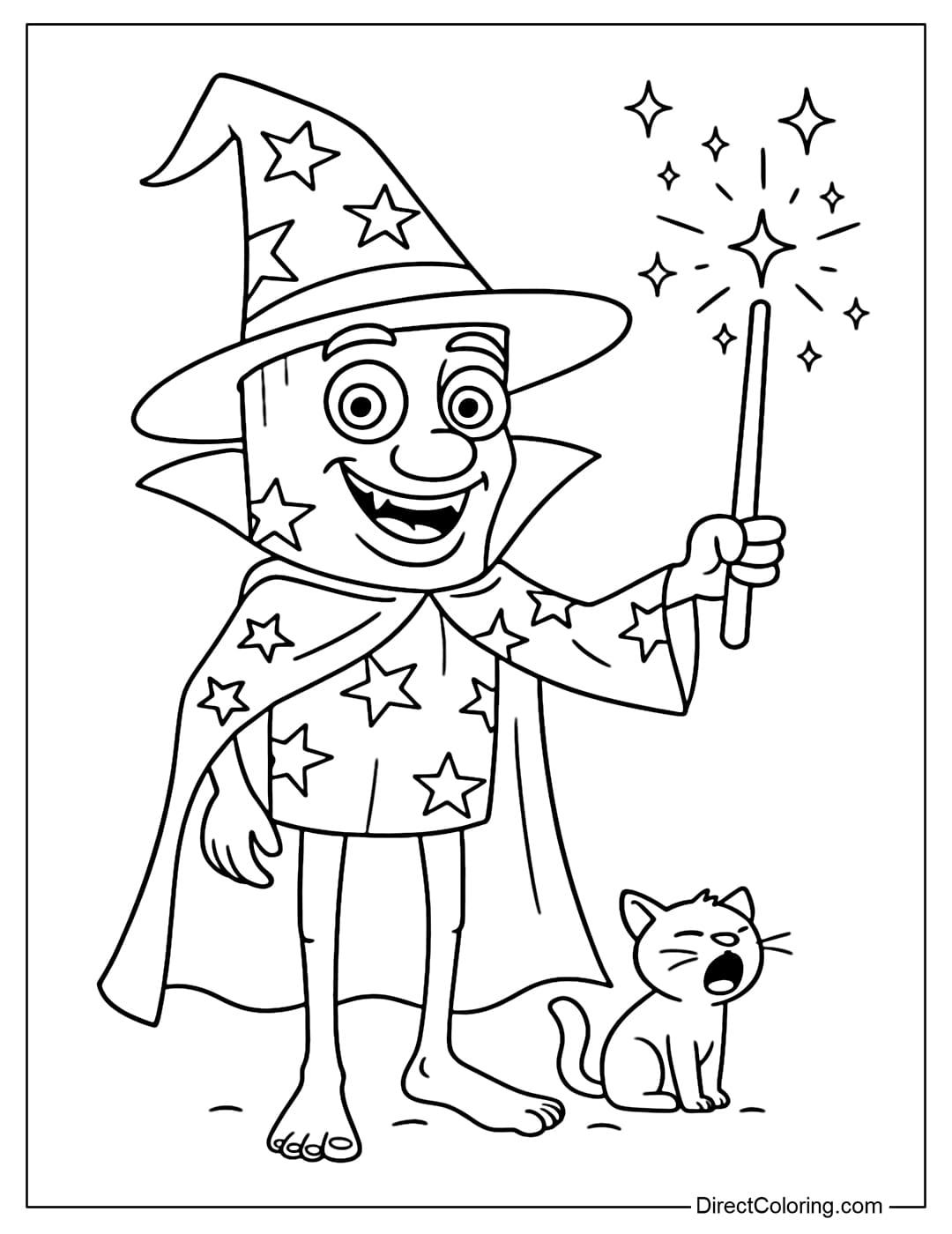 Coloring page Tung Tung Tung Sahur as a Halloween witch, wearing a pointed hat and a starry cape.