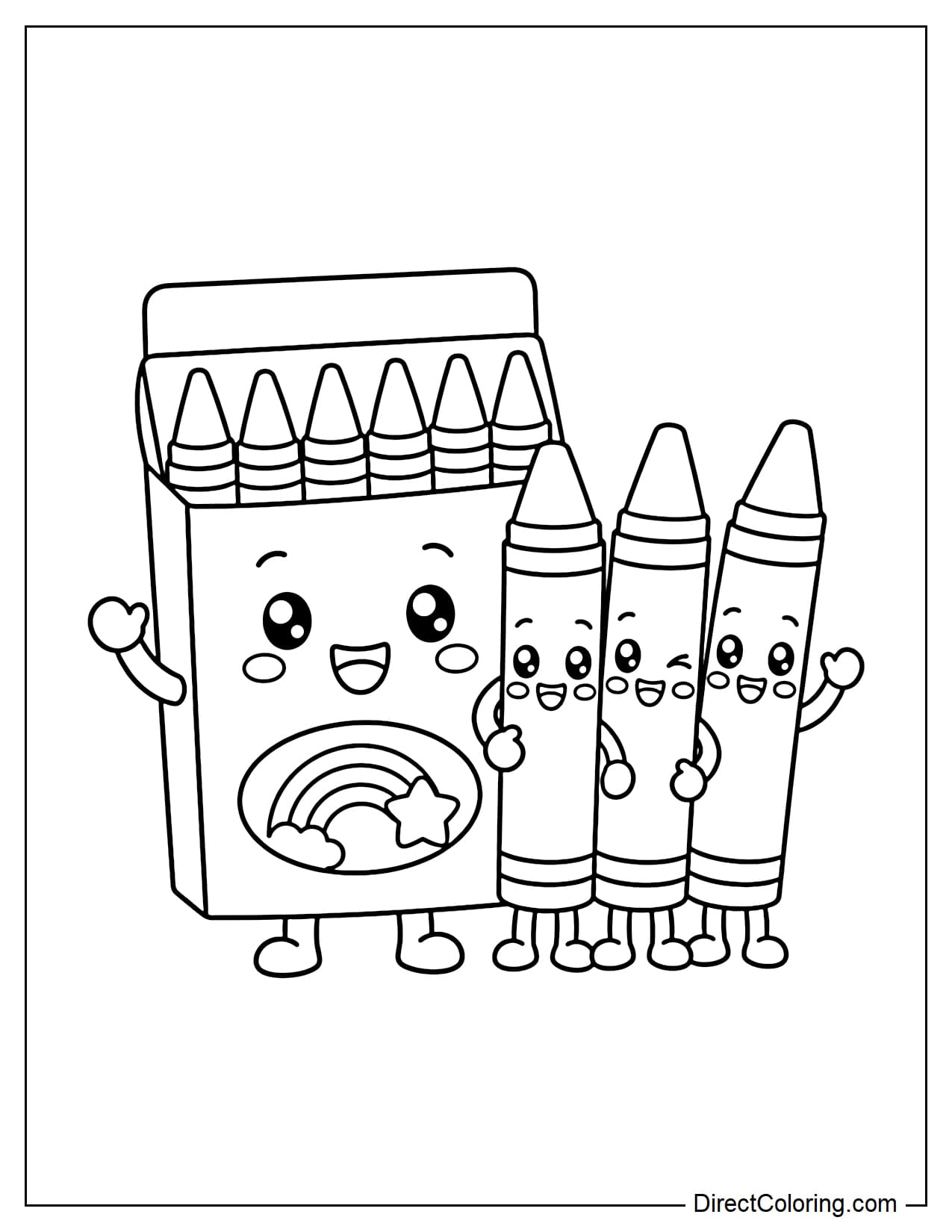 A crayon box and crayons with faces standing together.