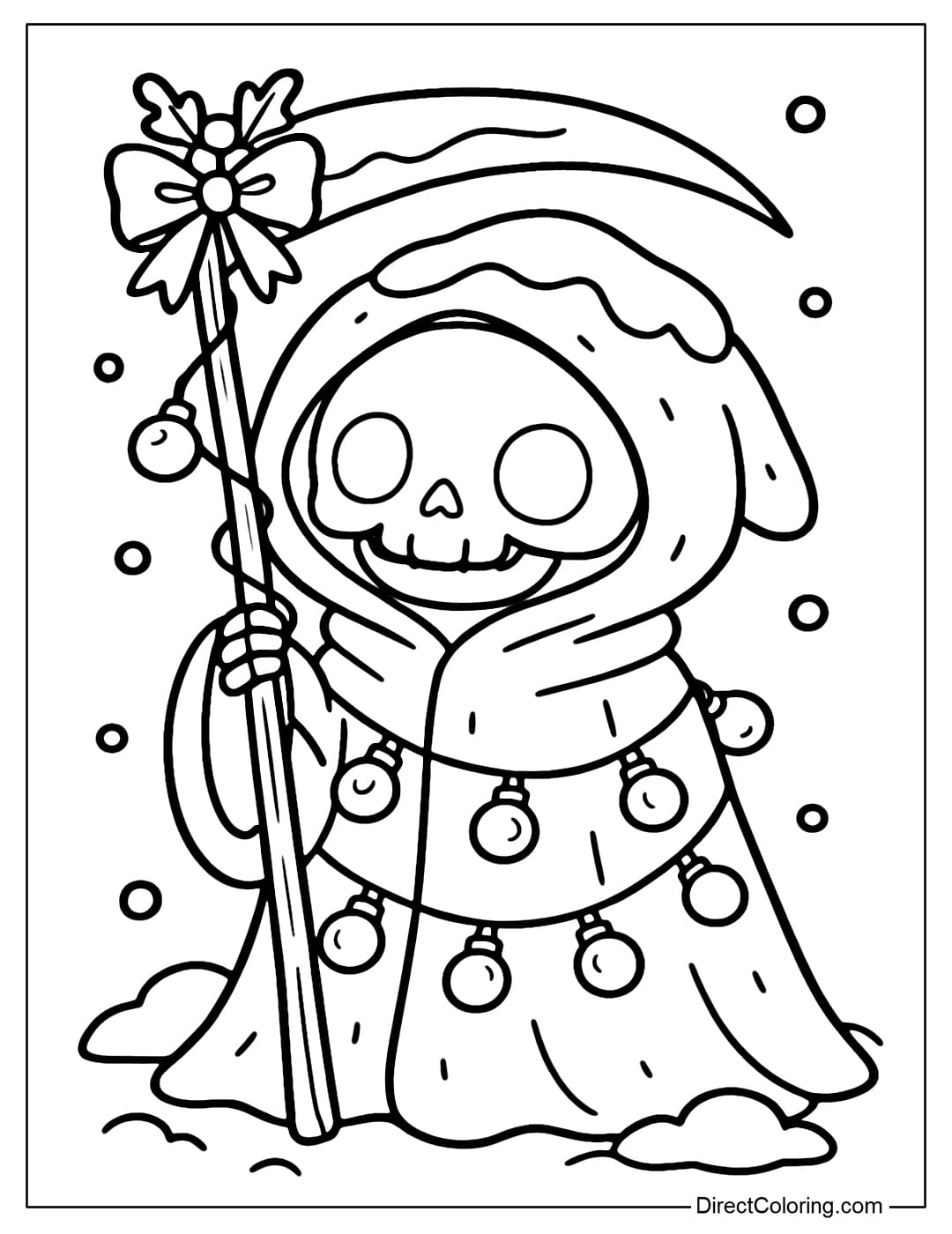 Coloring page of a grim reaper wearing a black cloak covered in snow, holding a scythe wrapped in Christmas lights, the scythe head hanging a red bow and mistletoe leaves.