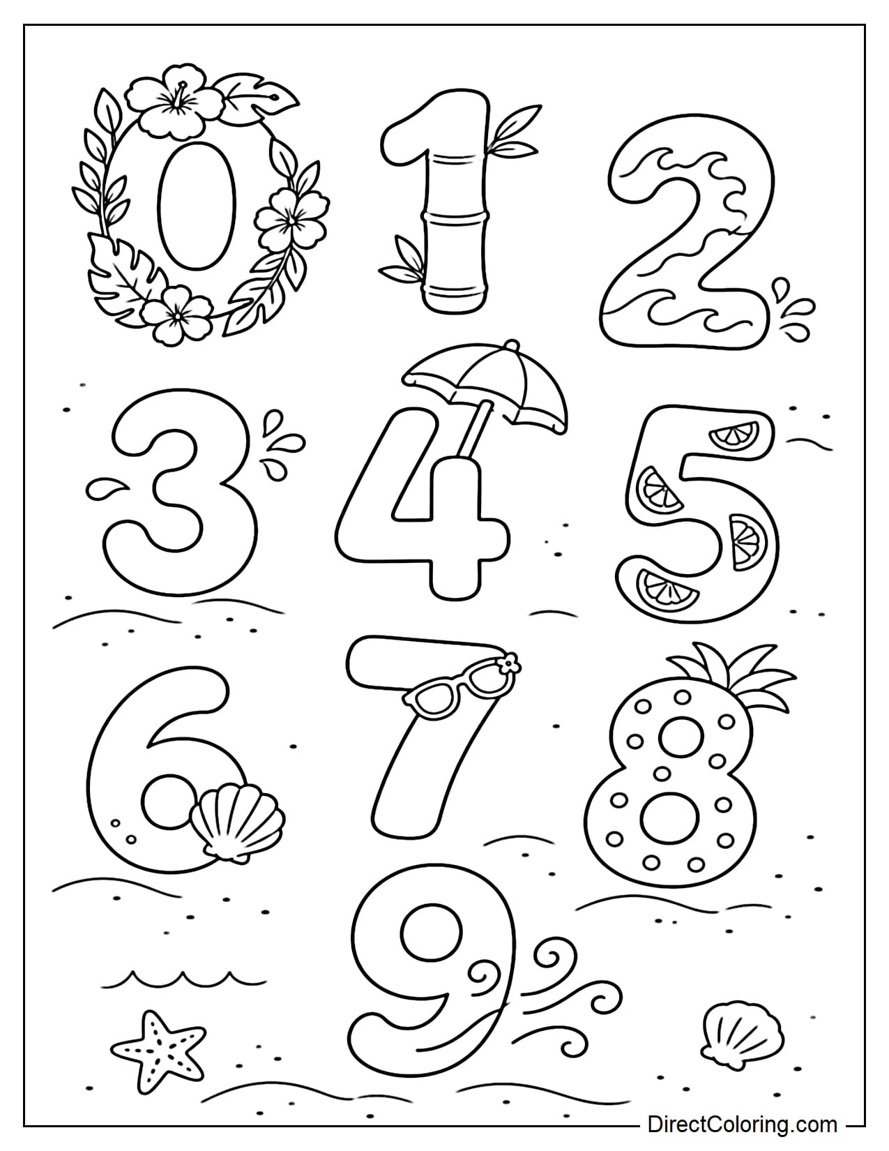 The numbers 0 to 9 are subtly combined with tropical summer elements. Number 0 has a wreath, number 1 resembles a bamboo stalk, number 2 has a wave pattern, number 3 has a few small water droplets, number 4 is adorned with a small umbrella, number 5 has a few lemon slices, number 6 has small seashells, number 7 wears sunglasses, number 8 has a pineapple pattern, and number 9 has some curves suggesting a breeze.