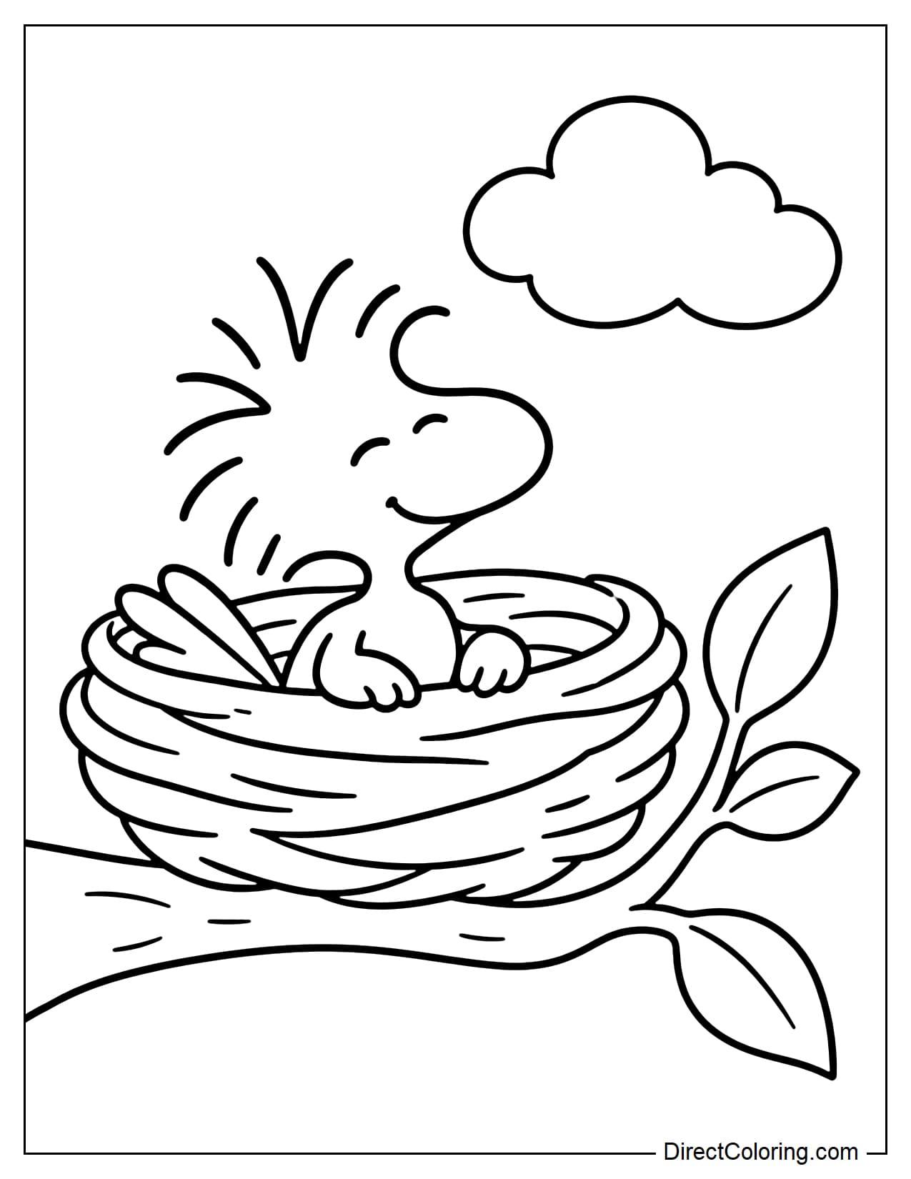 Woodstock relaxes in a round bird's nest with his eyes closed and both wings resting on the edge. Beside the nest is a short branch with three large leaves, while a small cloud floats above.