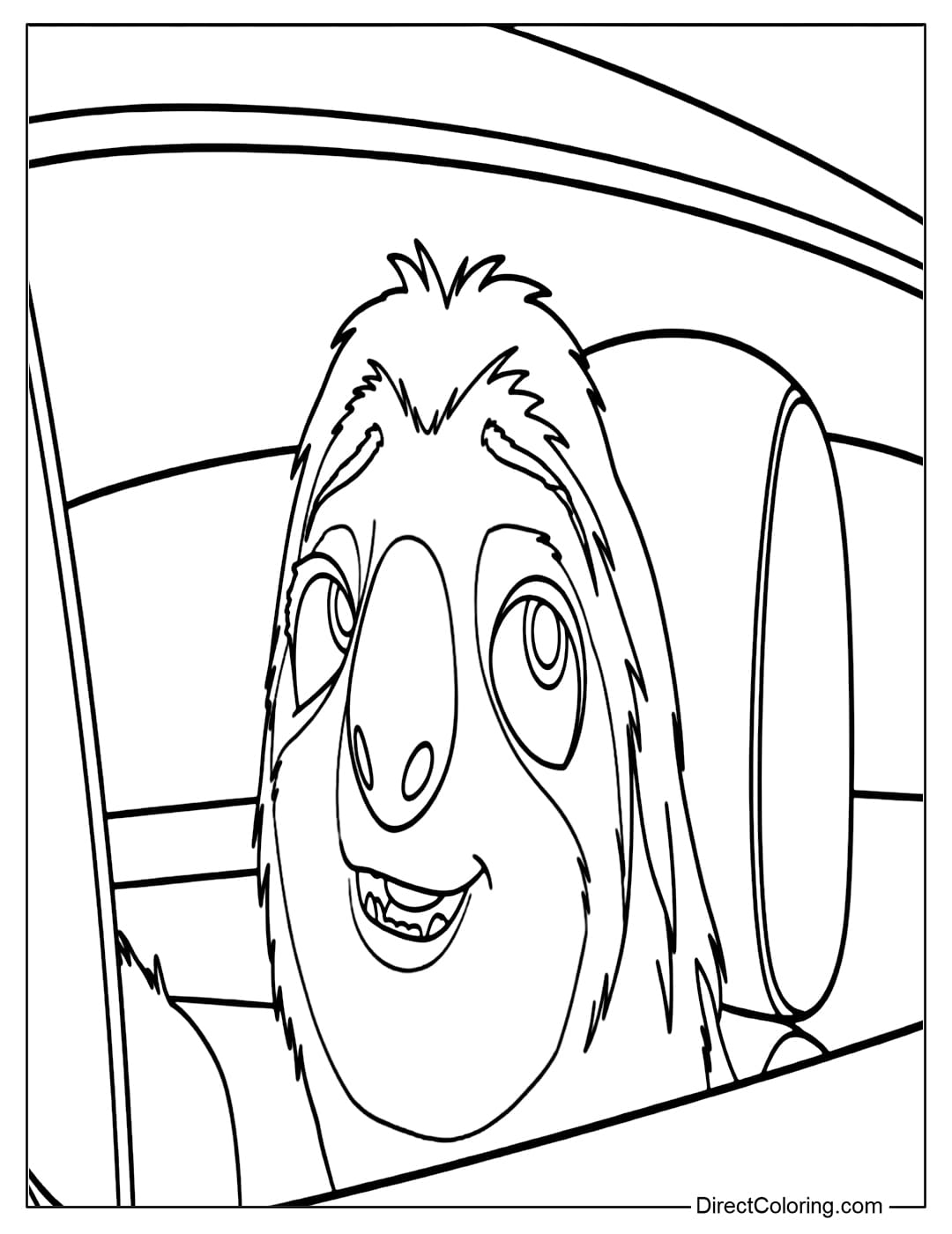 A Flash the Sloth coloring page featuring a gentle face and a cute smile while sitting in a car.