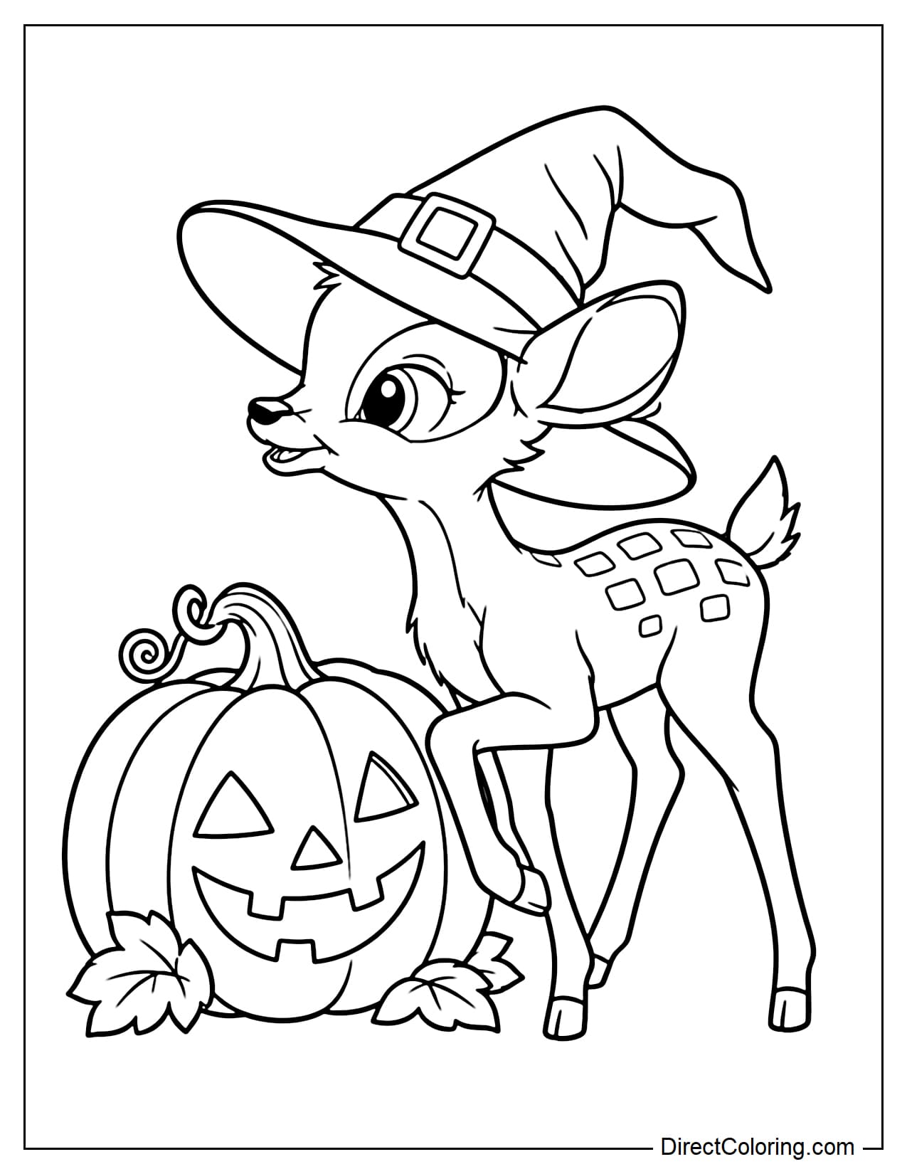 Bambi wears an oversized witch hat and stands beside a large pumpkin.