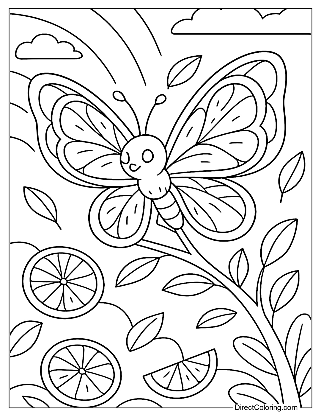 A butterfly with bright round orange-shaped wings, the pattern inside the wings like bright orange segments.