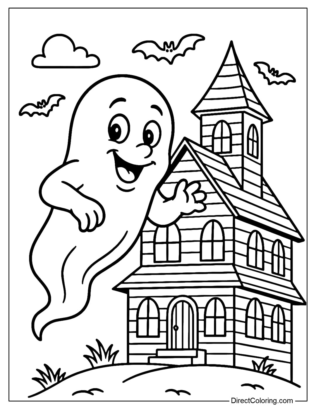 A ghost coloring page floating in front of a haunted house, windows lit up, bats flying around, the ghost smiling mischievously.