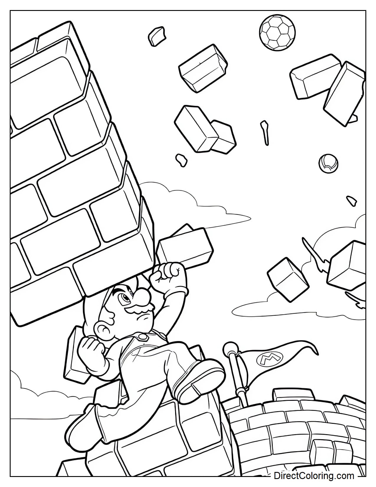 Mario leaps high into the air and delivers a powerful punch, smashing a brick wall into pieces at the top of a castle.