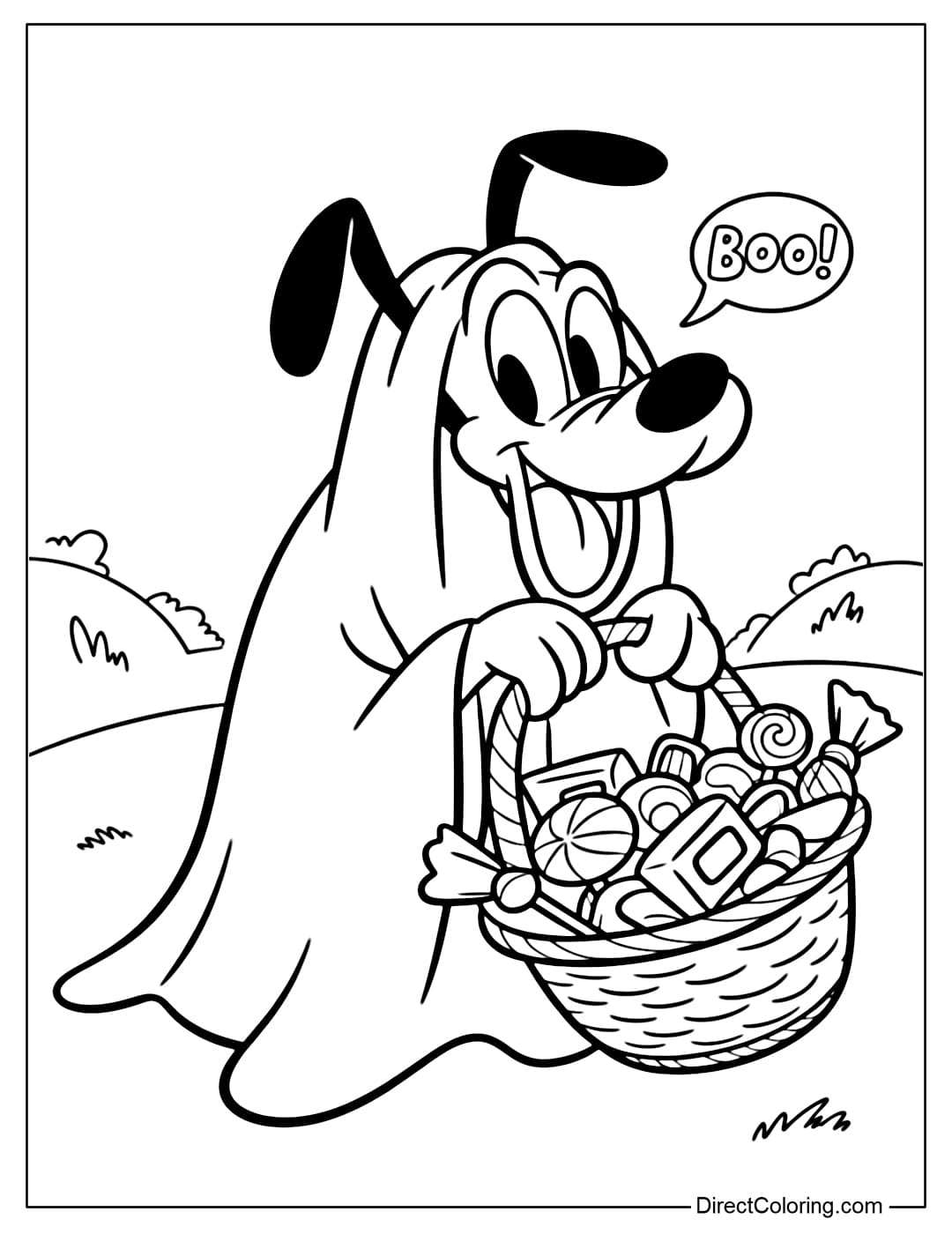 Disney Pluto coloring page covered in white cloth as a ghost, holding a candy basket.