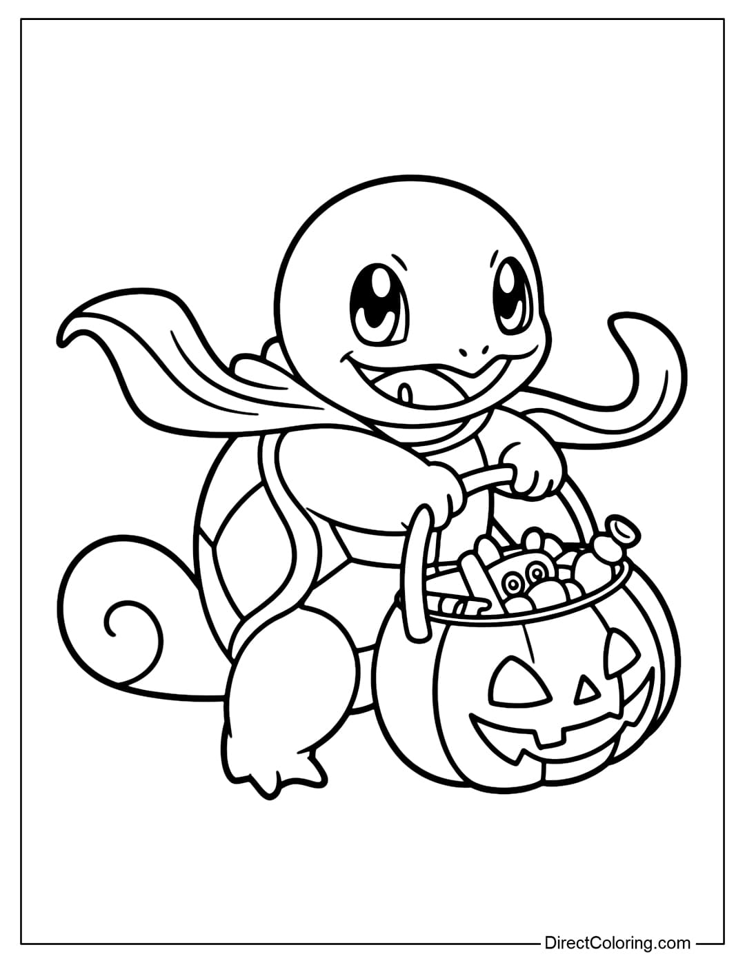 Squirtle coloring page holding a Halloween pumpkin basket full of candy, wearing a cape.