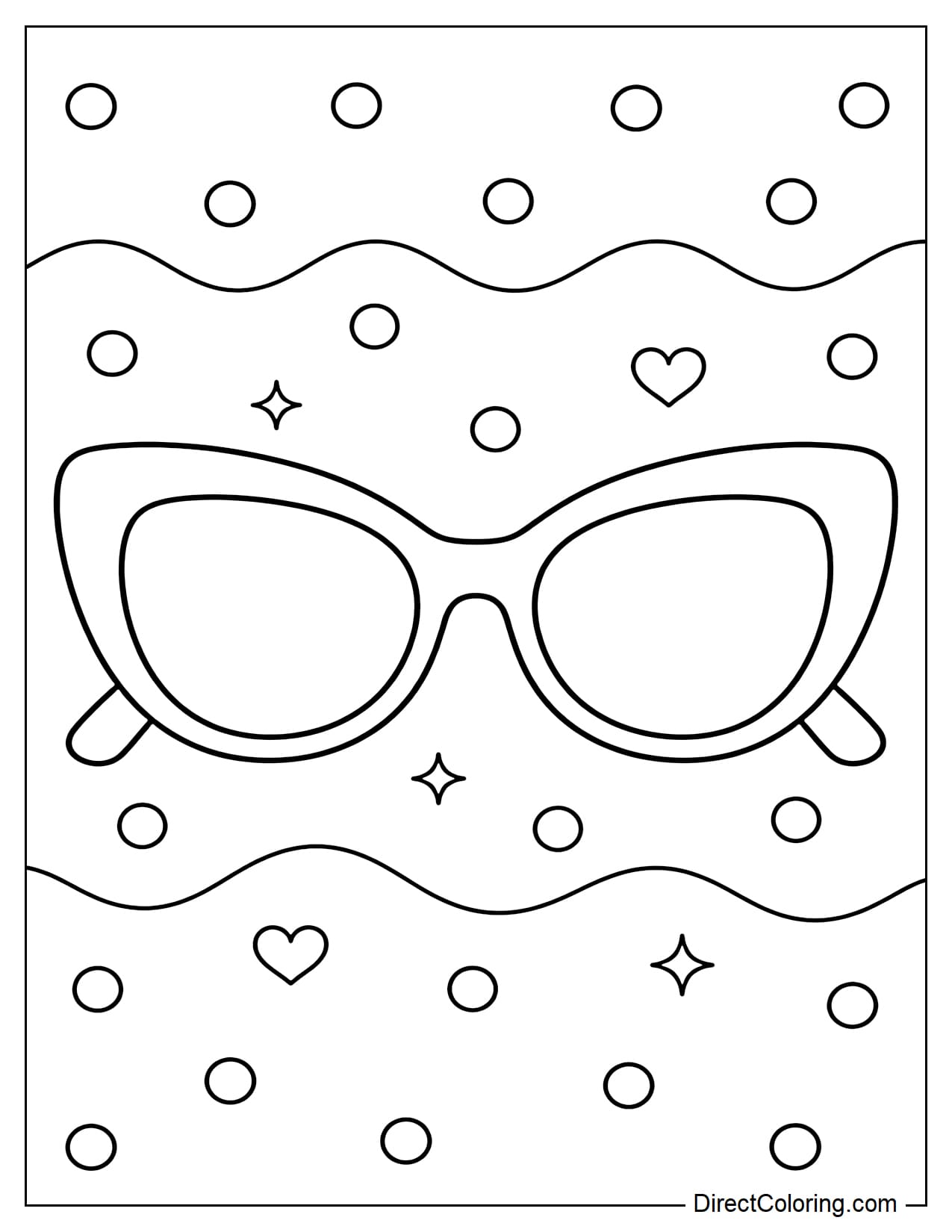 A retro-style pair of sunglasses with a large frame and a background of polka dots and gentle waves.