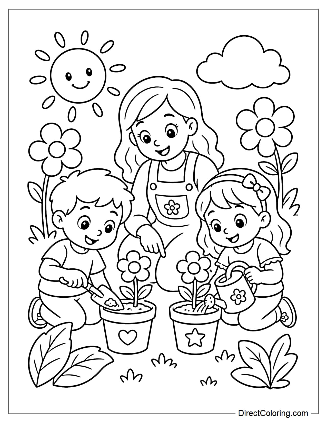 A female teacher is guiding two students as they plant flowers in small pots. One child is holding a shovel, and the other is holding a watering can. Around them are flowers, leaves, and a sun.