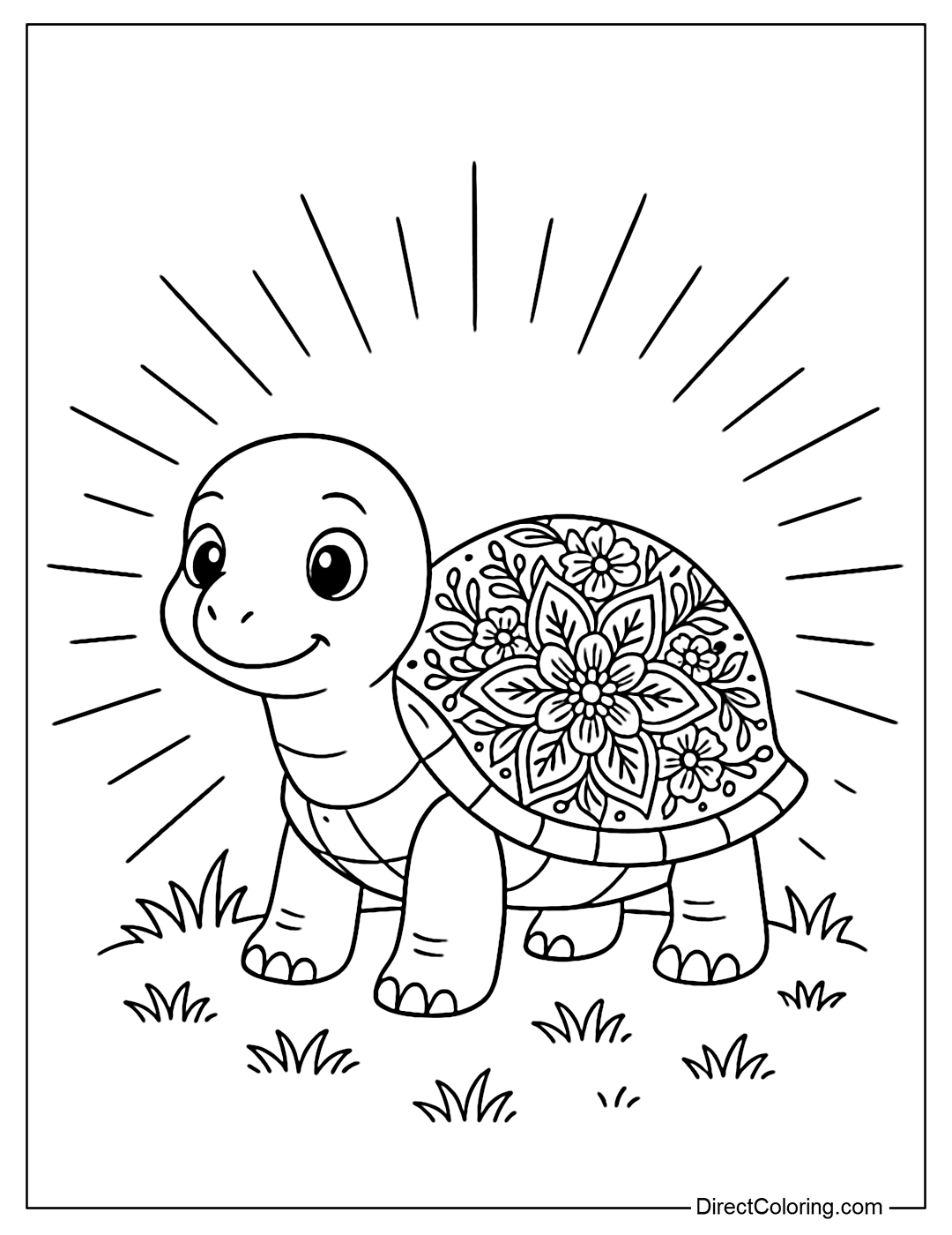 A turtle coloring page with a mandala patterned shell decorated with flowers and leaves. The turtle stands in the middle of a soft grass background with a gentle light spreading around.