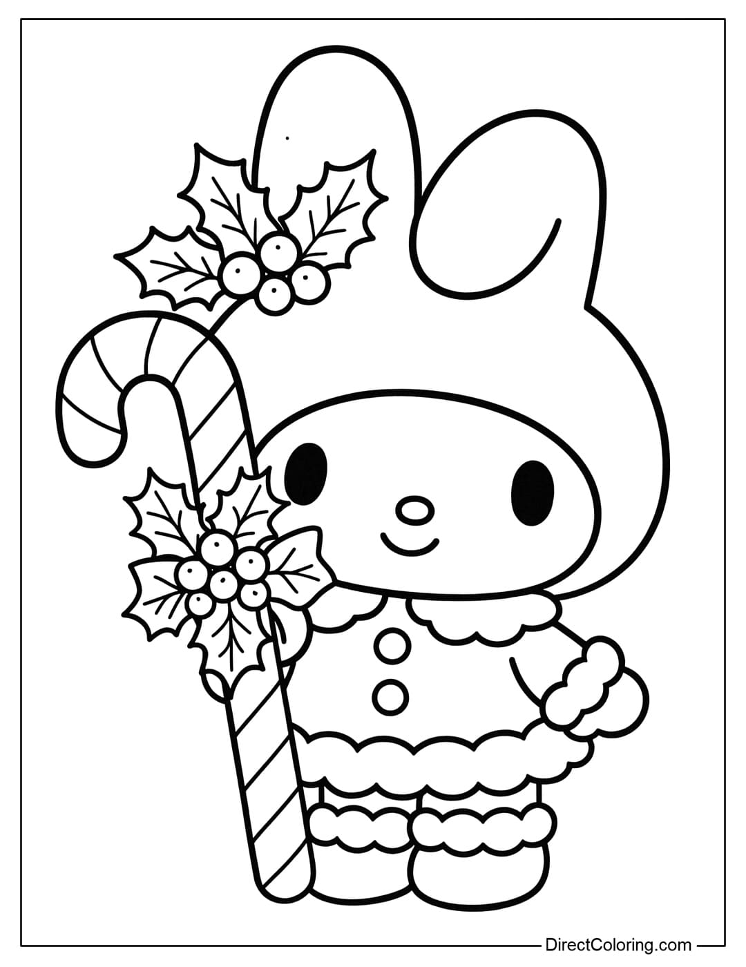 My Melody coloring page wearing a white fluffy fur-trimmed outfit, holding a giant candy cane decorated with holly leaves.