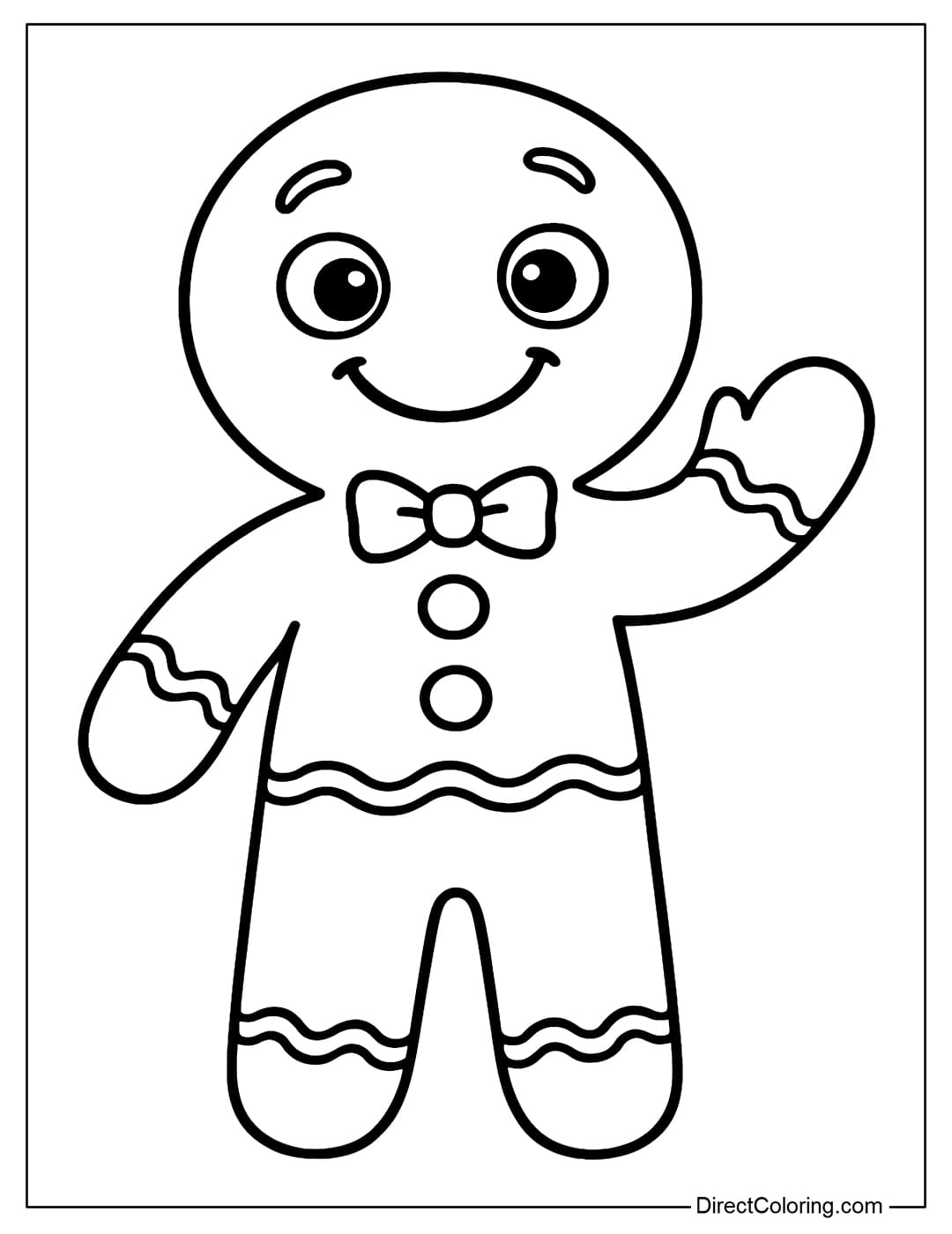 A smiling gingerbread man coloring page with simple curved lines on his arms, legs, collar, three round buttons in the middle of his chest, and a small bow.