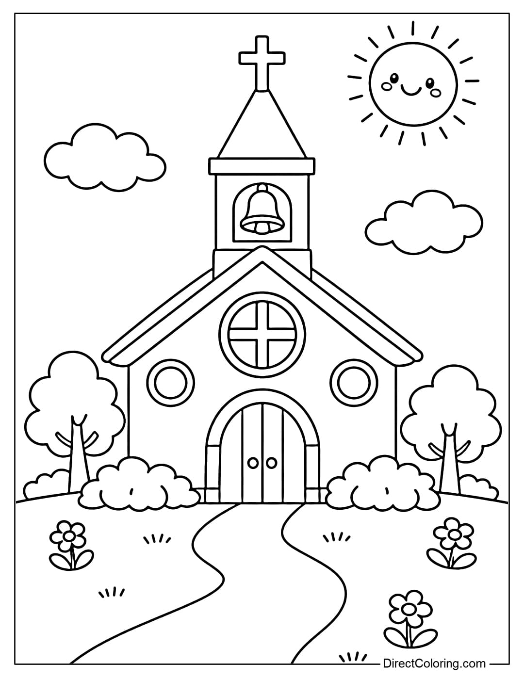 A cute church coloring page with round windows and a simple design for children.