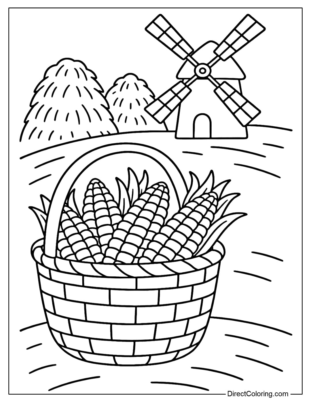A coloring page of a corn basket placed next to a small windmill, with a few haystacks in the background.