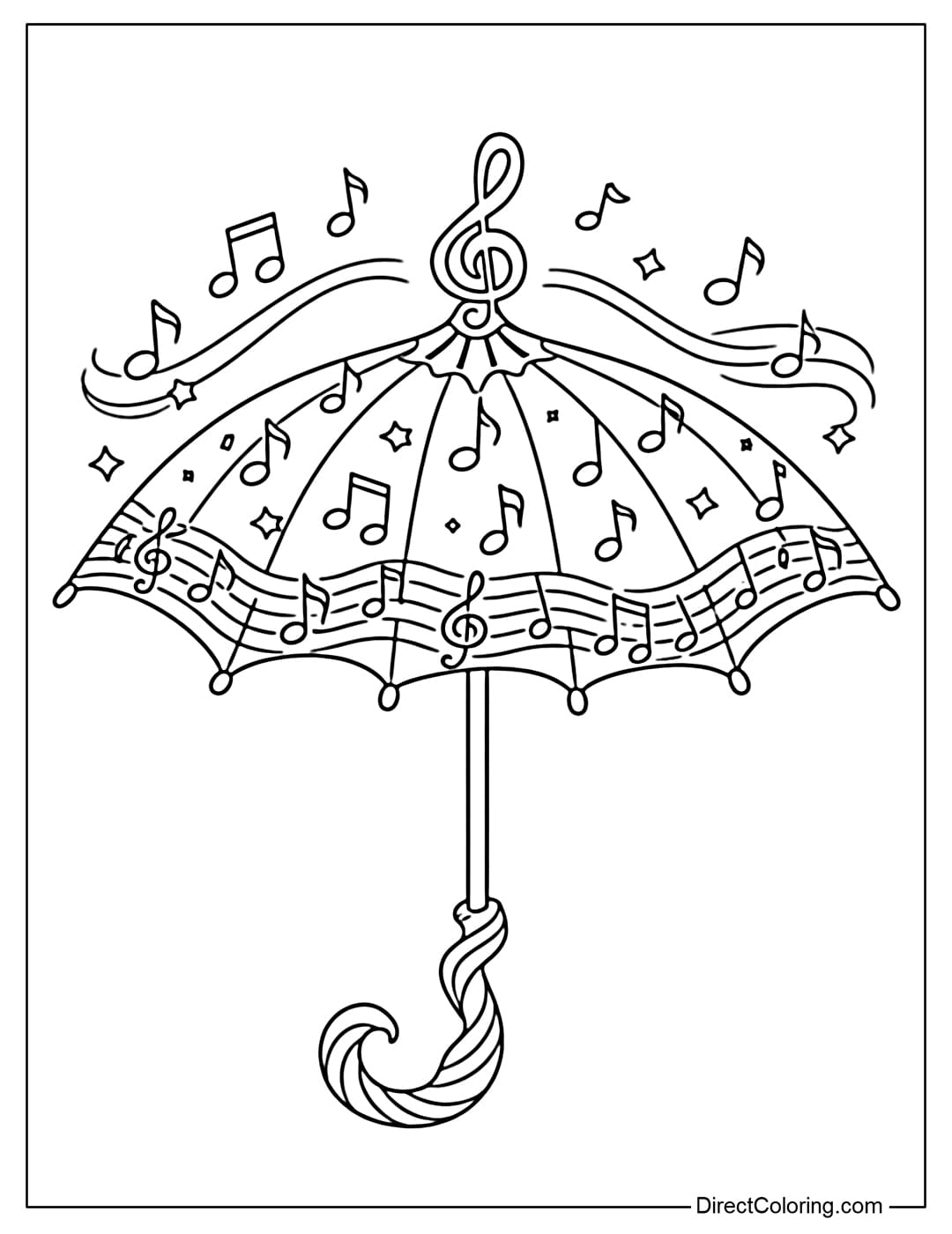 Coloring page of an umbrella decorated with musical notes swirling around the edge, a treble clef-shaped top, and a curved handle.