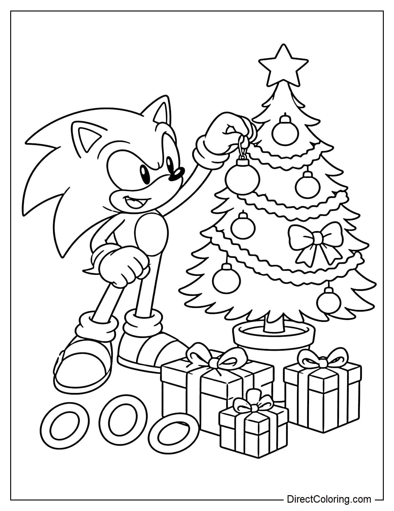Sonic is happily decorating a small Christmas tree, one hand hanging a large ornament from a branch, with several gift boxes and gold rings underneath.
