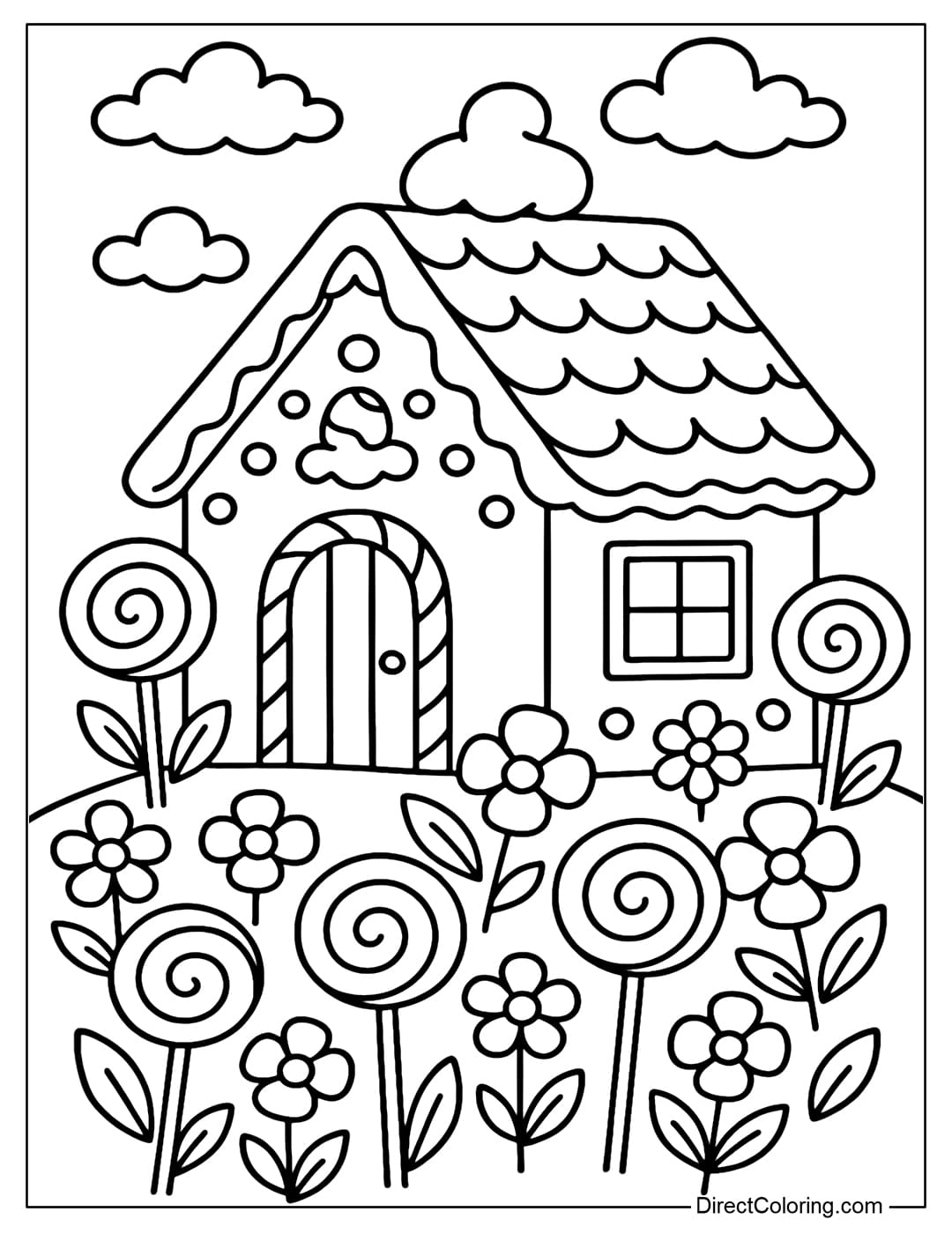 A gingerbread house coloring page with a garden full of round lollipops, interspersed with cute marshmallow flowers.