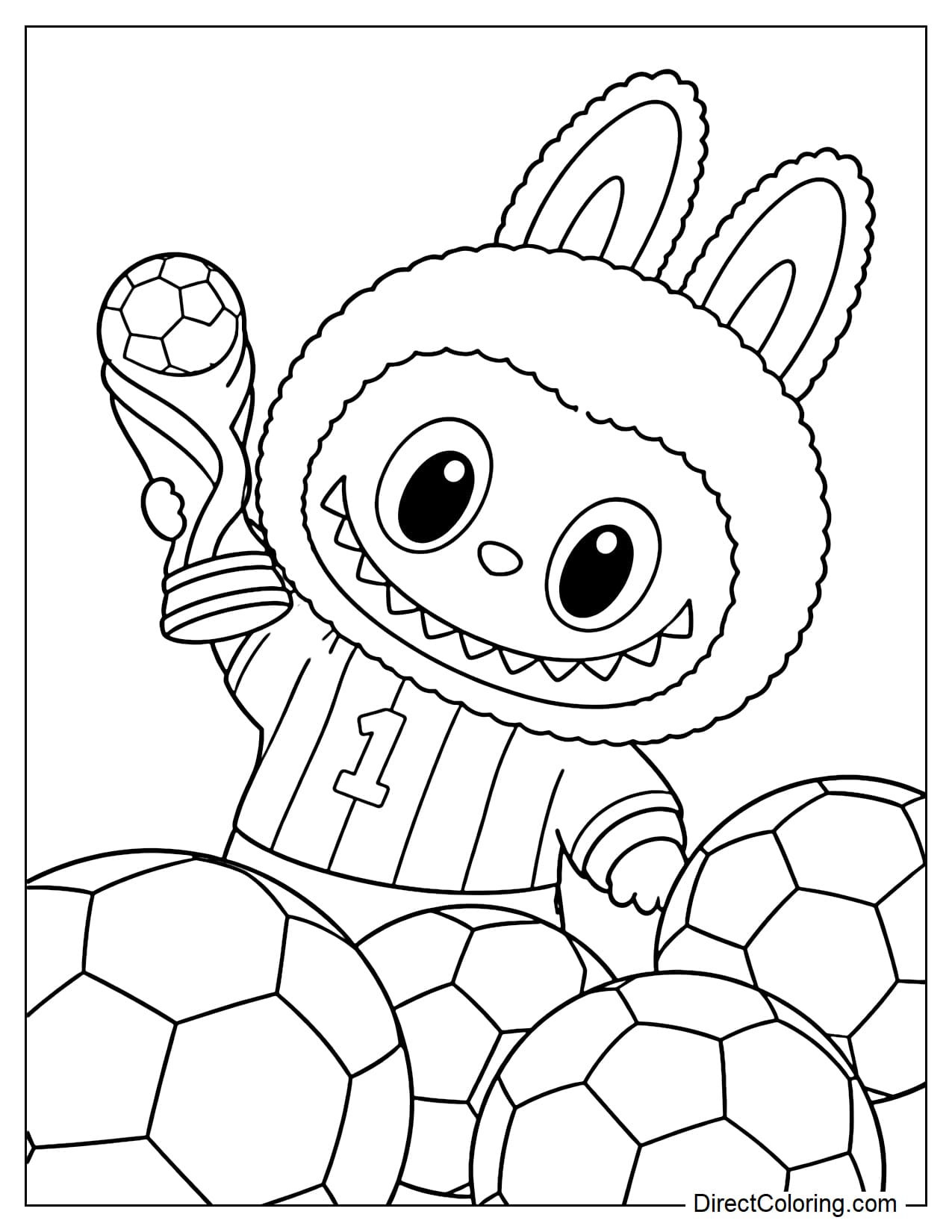 Cute Labubu, wearing a jersey, holds up the FIFA championship trophy, surrounded by many soccer balls.