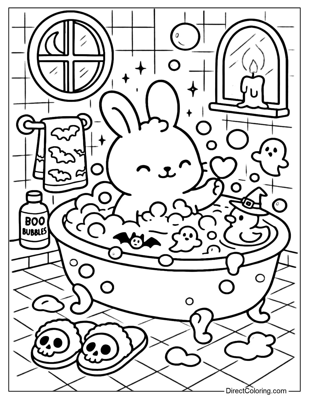 A little rabbit coloring page is taking a bath in a classic round bathtub, in the middle of a cozy, spooky Halloween bathroom.