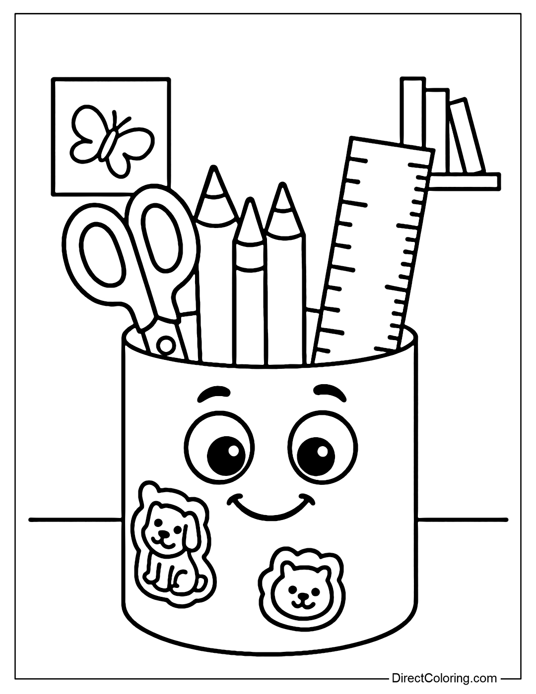 Coloring page of pencil tray on desk, inside there are scissors, crayons, ruler and animal stickers, background is wall with stickers, mini bookshelf.