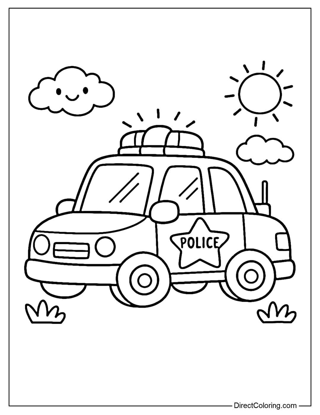 A simple police car coloring page with large shapes, easy to color.