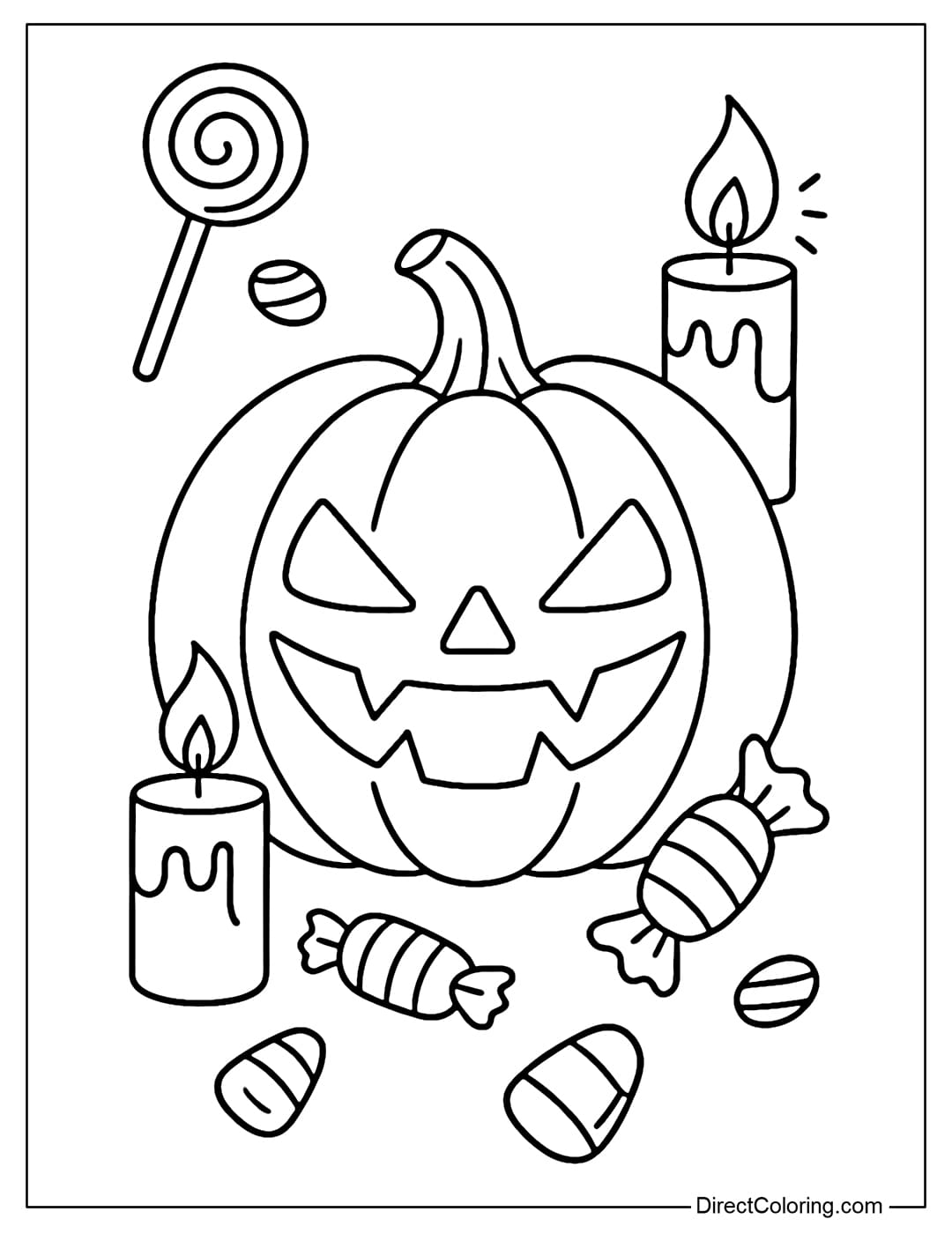 Pumpkin Monsters Coloring Page A spooky pumpkin coloring page with a toothy grin, surrounded by Halloween candy and glowing candles.
