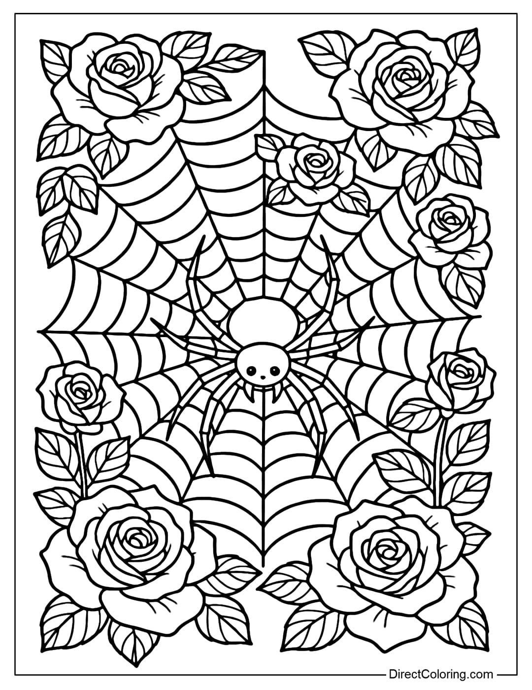 A spider web coloring page decorated with blooming roses, the spider lying in the middle as if protecting the flower garden.