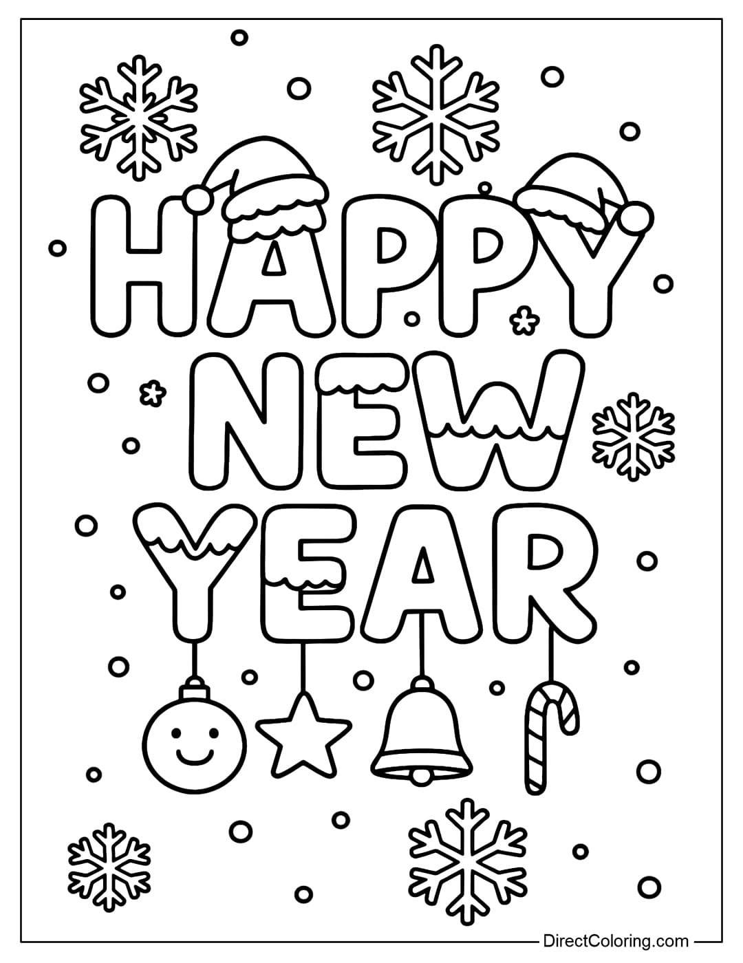 Coloring page of the word Happy New Year decorated with Christmas motifs.