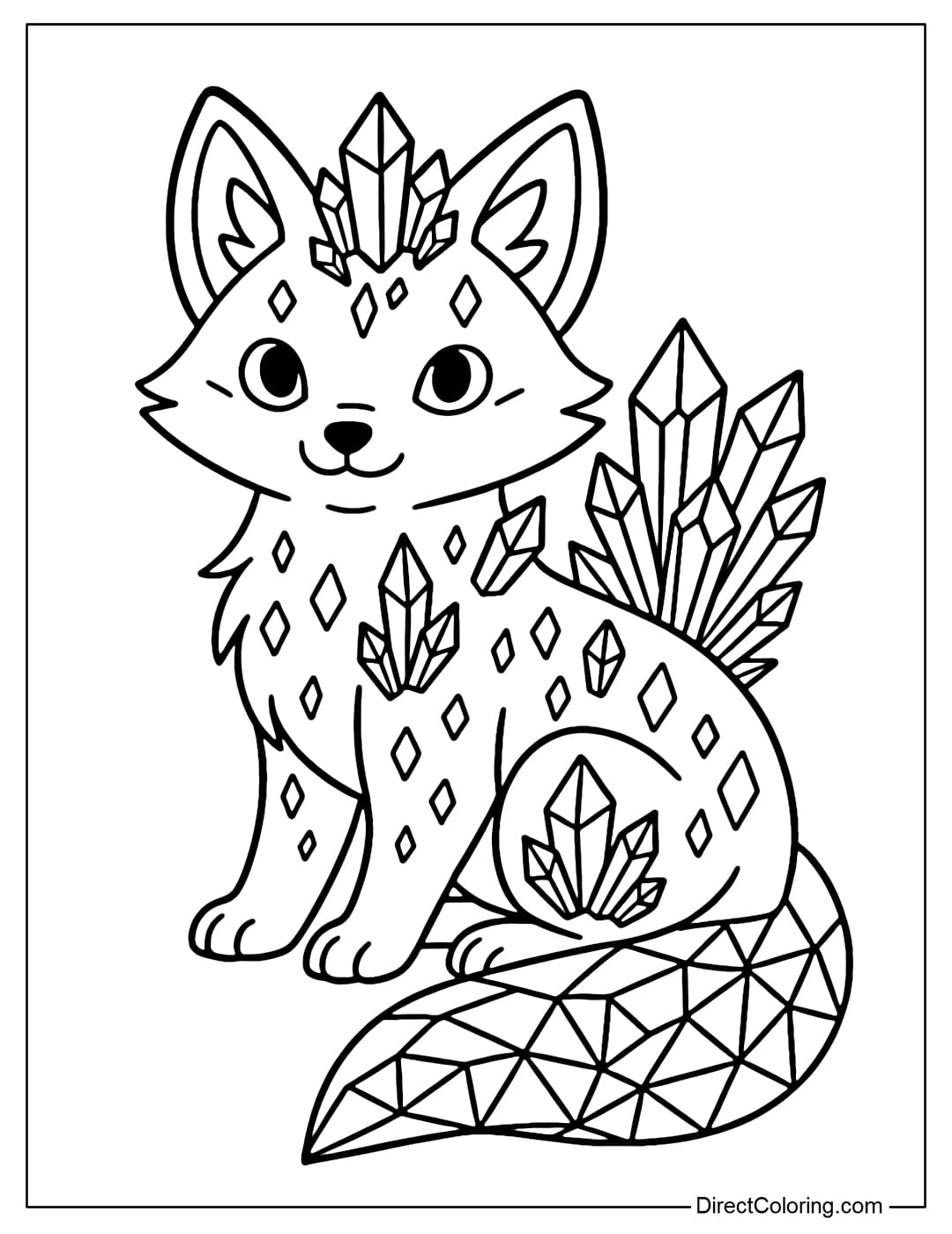 A strange fox coloring page with a body covered with sparkling crystals, and a tail with a crystal motif.
