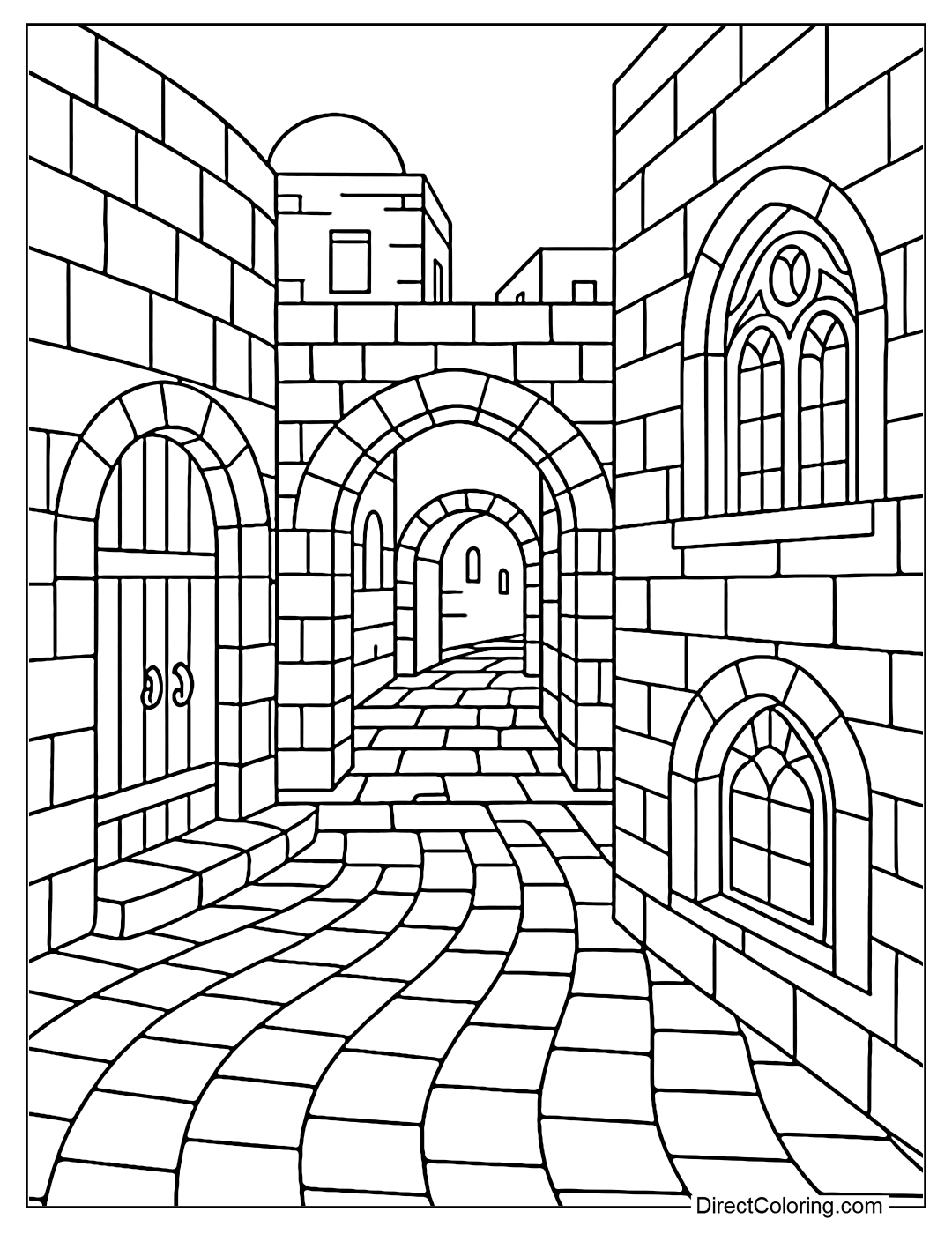 Jerusalem Old City Street View Coloring Page with paving stones, arches and patterned windows.