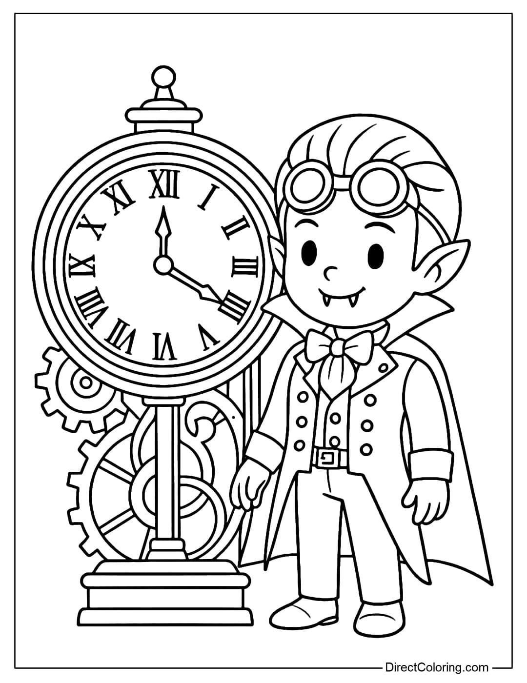 Steampunk Vampire Coloring Page Vampire coloring page wearing a steampunk jacket, wearing classic glasses, standing next to a giant clock.