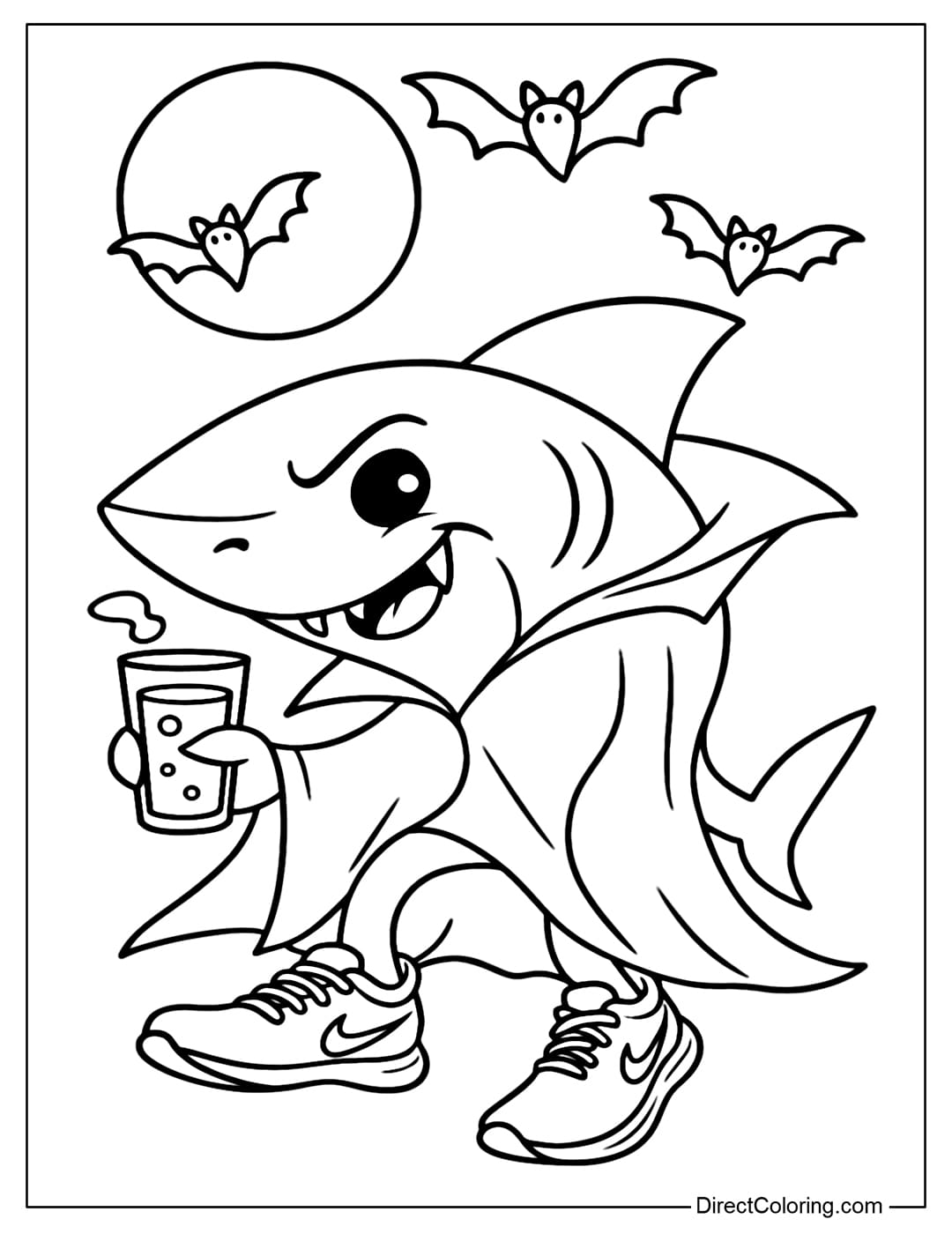 Tralalero Coloring Page Tralala wears a vampire cloak, small fangs peeking out, mischievous eyes.