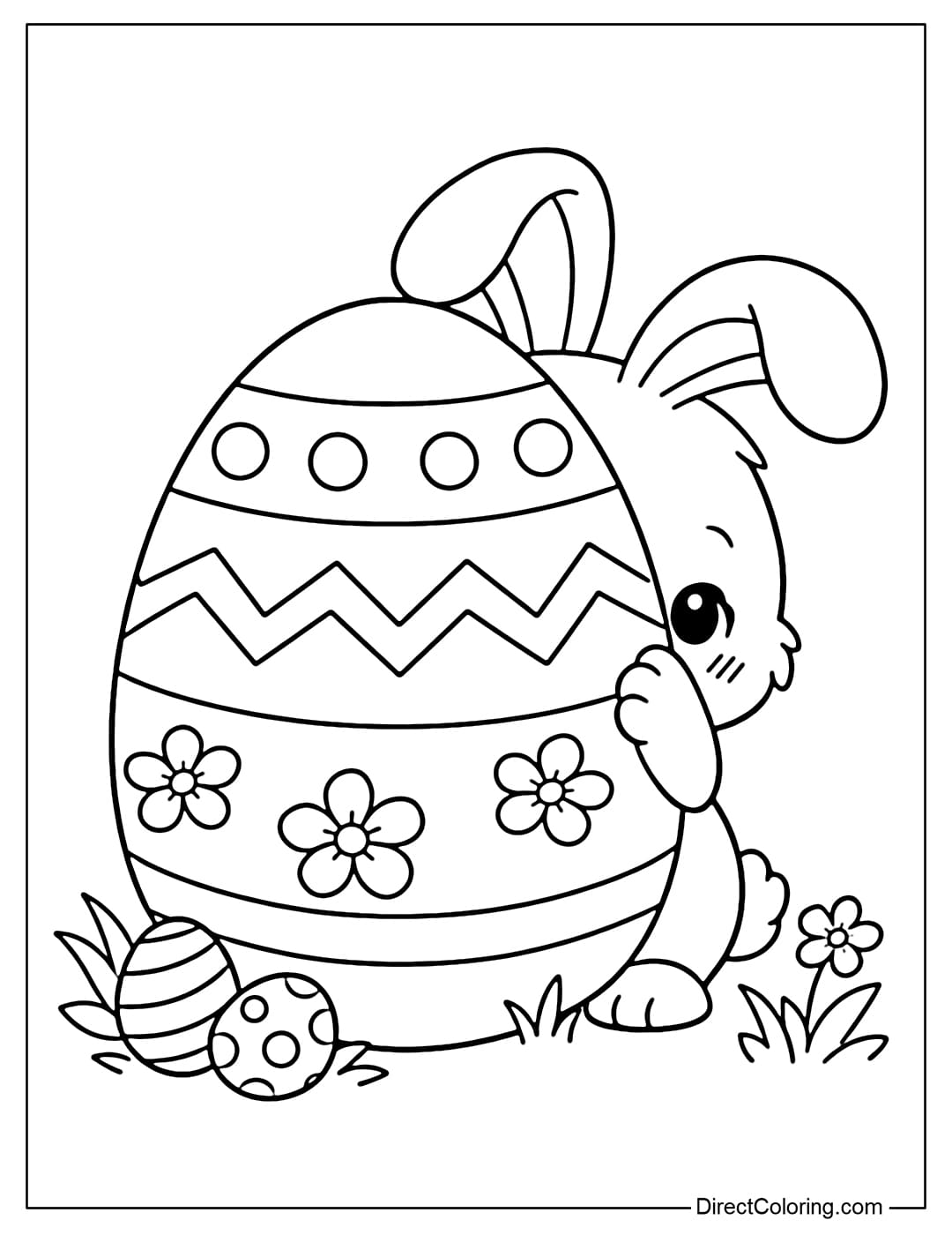 An Easter bunny coloring page with part of its face hidden behind a large egg, looking shy.