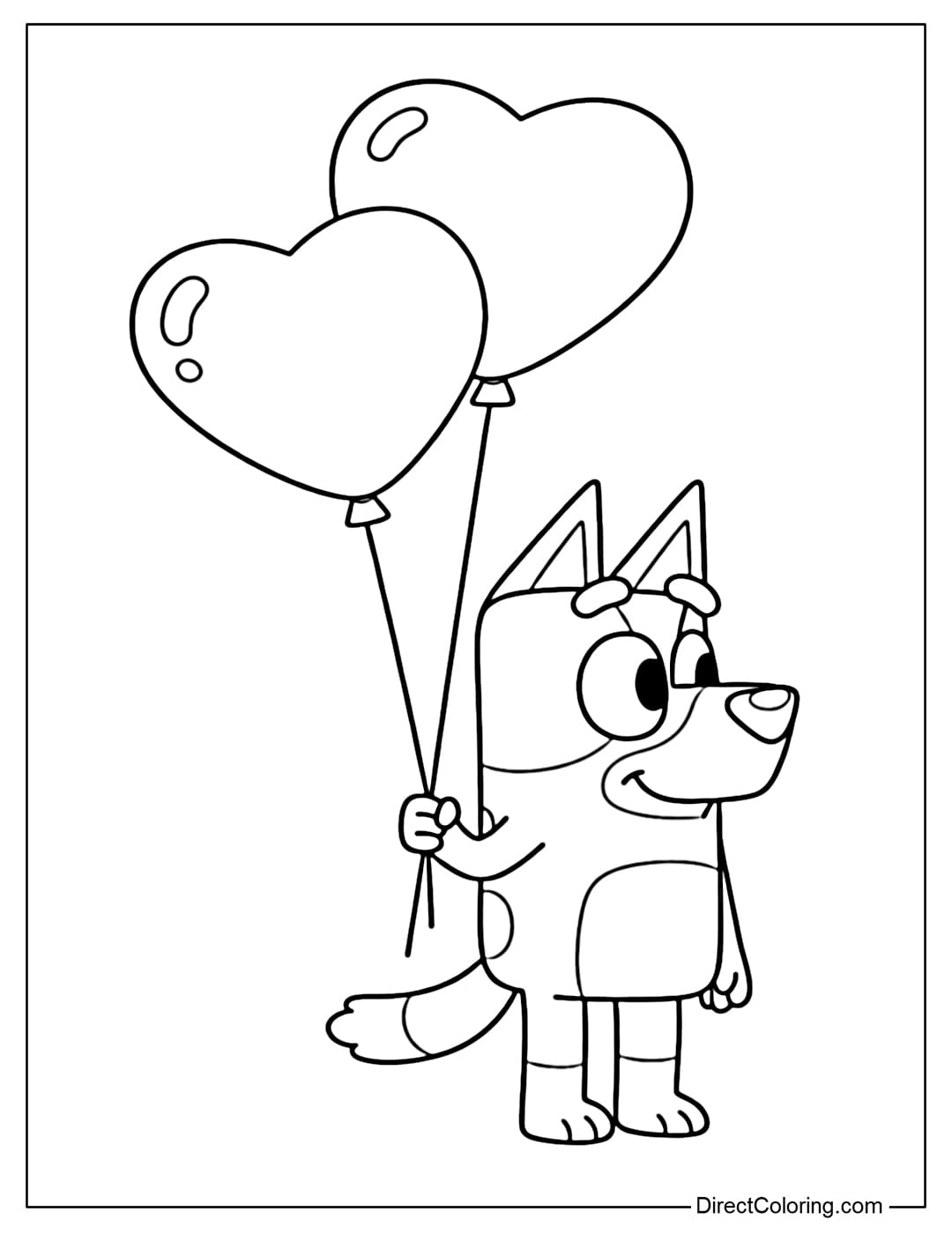 Bluey is standing sideways, holding two heart-shaped balloons floating high.