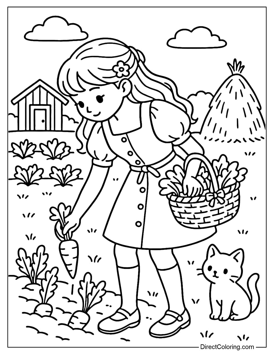 Coloring Page A farm girl pulls carrots from a bed of soil, the other hand holds a wicker basket full of vegetables, in the distance is a small wooden shed and a tall bundle of straw.