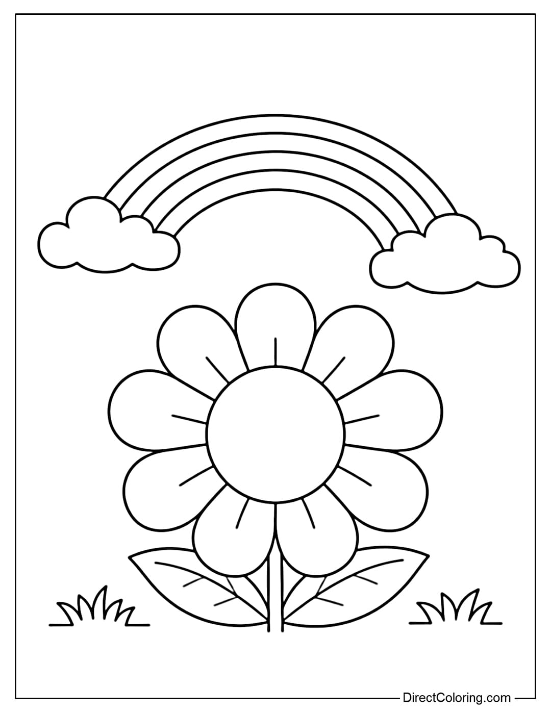 A coloring page of a large, round-petaled flower with a simple rainbow on top.