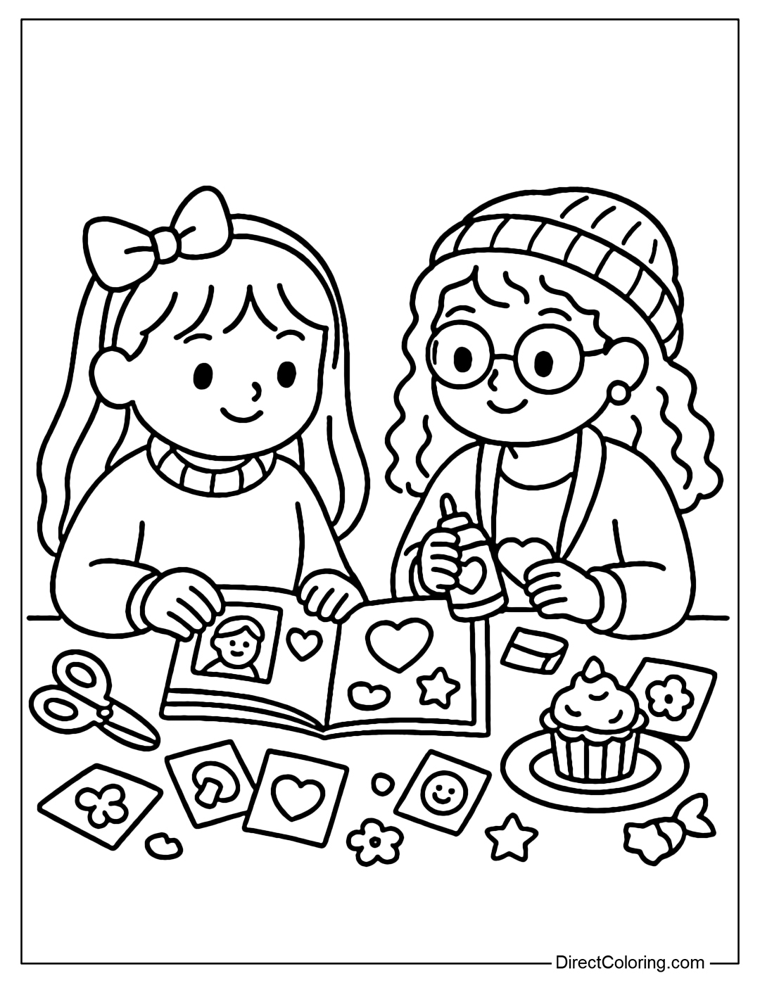 Coloring page of two girls cutting and pasting scrapbooks, a table with scissors, cute pictures and stickers.