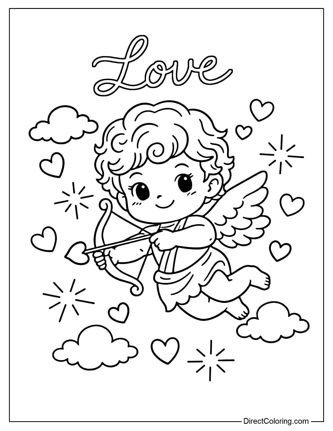 A coloring page of a cute Cupid holding a bow and arrow shaped like a heart, surrounded by hearts and small clouds.