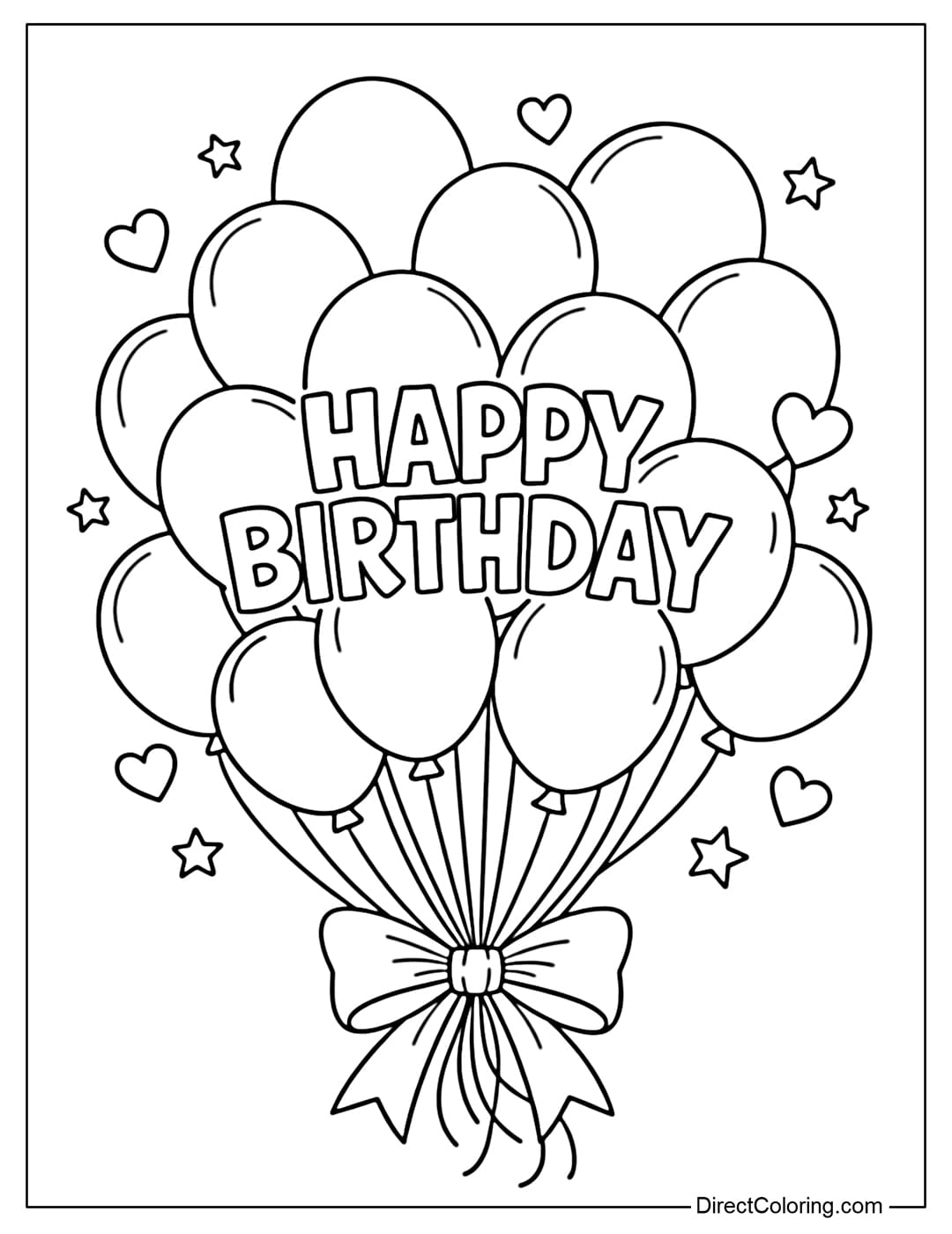 A coloring page featuring a large birthday balloon bouquet with the words 