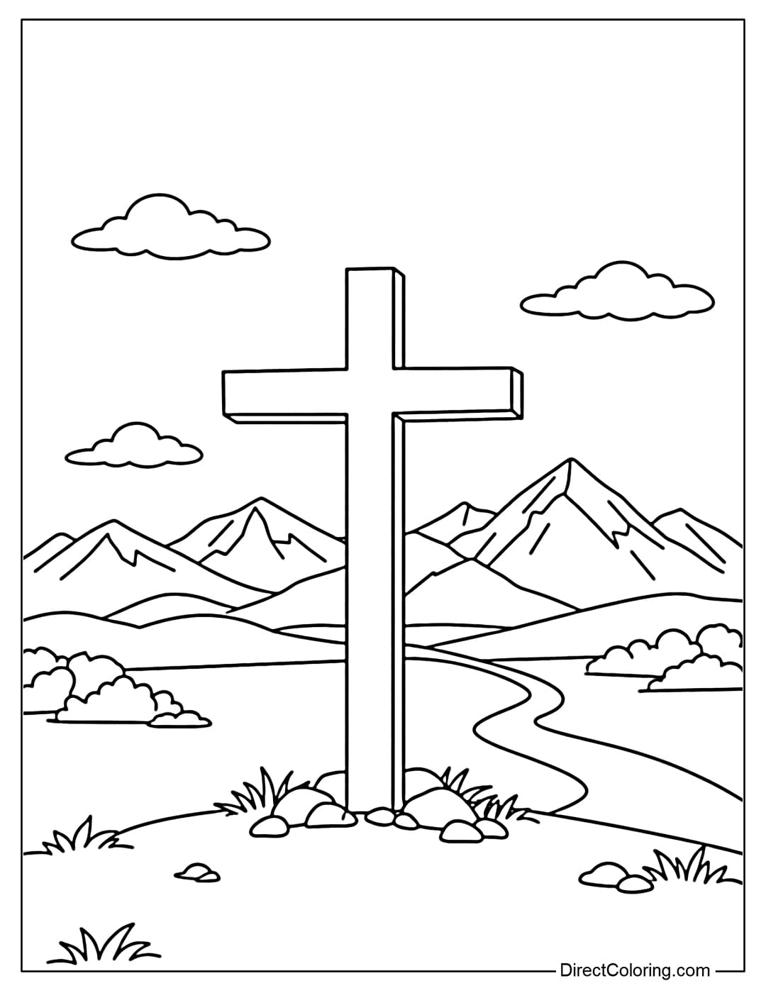 A coloring page of a cross standing in front of a simple mountain range in the distance, creating a natural landscape.