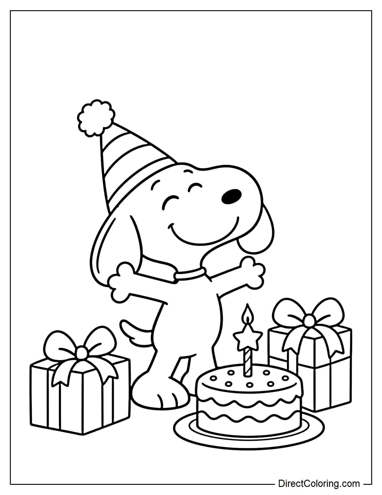Snoopy wears a cone-shaped birthday hat and stands with his arms spread wide and a cheerful smile. In front of him is a small birthday cake with a star-shaped candle, accompanied by two gift boxes.