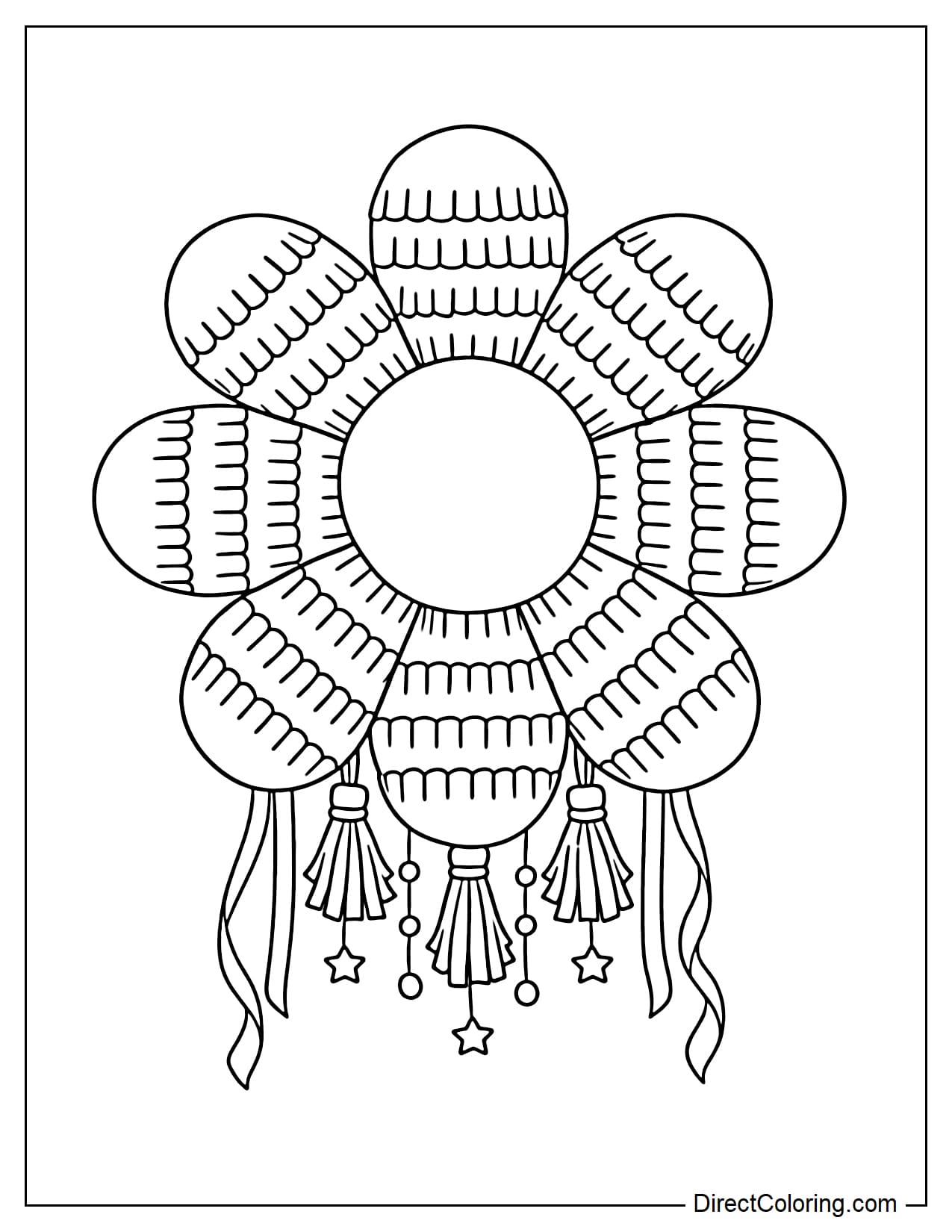 A vibrant flower-shaped piñata with large petals decorated with multiple layers of pleated paper.