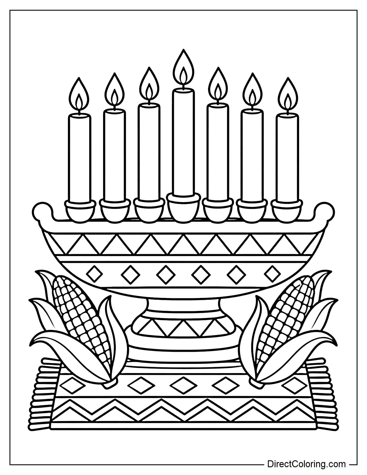 A traditional Kinara with seven candles sits on a woven Mkeka mat, with simple geometric patterns decorating the candleholder's base and the edges of the mat.