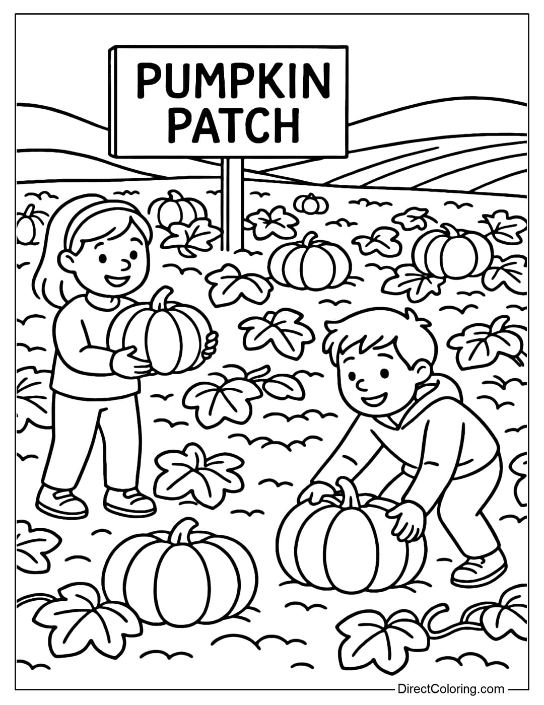 A coloring page of a pumpkin patch field stretching out, with a 
